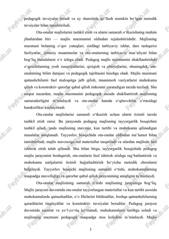 shu bilan birga, tayyorgarlik bosqichida pedagog majlis jarayonini boshqarish, ota-onalarni faol ishtirok etishga rag‘batlantirish va muhokama natijalarini tizimli hujjatlashtirish bo‘yicha metodik choralarni belgilaydi. tayyorlov bosqichi majlisning samarali o‘tishi, muhokamalarning maqsadga muvofiqligi va qarorlar qabul qilish jarayonining aniqligini ta’minlaydi. ota-onalar majlisining samarali o‘tishi majlisning jarayoniga bog‘liq. majlis jarayoni davomida ota-onalar tayyorlangan materiallar va kun tartibi asosida muhokamalarda qatnashadilar, o‘z fikrlarini bildiradilar, boshqa qatnashchilarning qarashlarini tinglaydilar va konstruktiv tavsiyalar beradilar. pedagog jarayon davomida nazorat va yo‘l-yo‘riq ko‘rsatadi, muhokamalarni tartibga soladi va majlisning mazmuni pedagogik maqsadga mos kelishini ta’minlaydi. majlis jarayonida ota-onalar turli pedagogik usullar orqali faol ishtirok etadilar: savol-javob, muammoli vaziyatlarni tahlil qilish, guruhda ishlash, muhokama va takliflar bildirish. shu tariqa, majlis ota-onalarning pedagogik faoliyatga jalb qilinishini, ularning konstruktiv fikr almashishini va bolaning tarbiyaviy jarayoniga o‘z hissasini qo‘shishini ta’minlaydi. majlis jarayonida bayonnoma yuritishning ahamiyati katta. bayonnoma majlis davomida muhokama qilingan masalalarni, ota-onalarning taklif va fikrlarini, qabul qilingan qarorlarni rasmiy ravishda qayd etadi. …