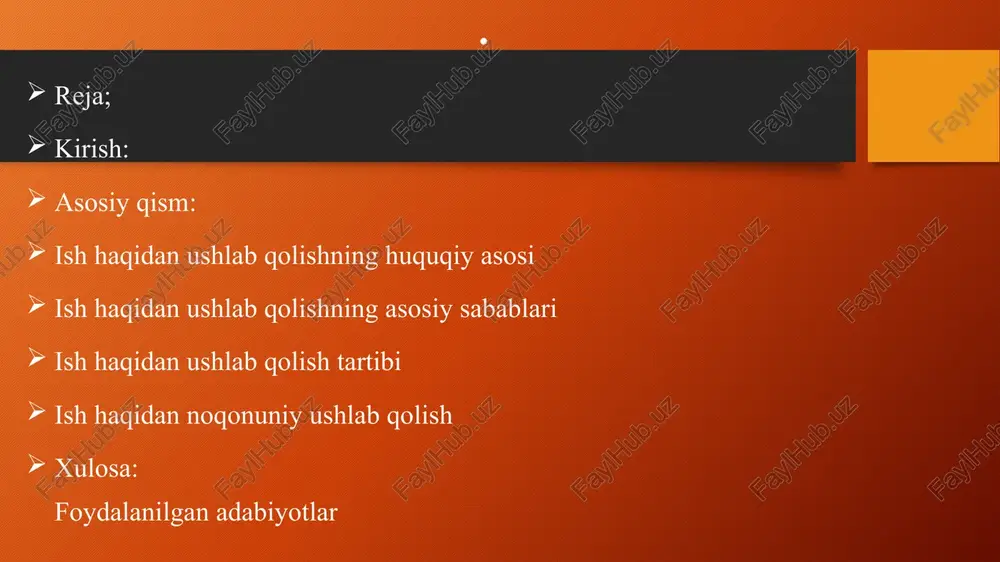 i to‘lash agar xodim bank yoki boshqa moliya muassasalaridan kredit olgan bo‘lsa, ularning shartlari asosida har oylik to‘lovlar to‘g‘ridan-to‘g‘ri ish haqidan ushlab qolinishi mumkin. buning uchun xodim va moliya muassasasi o‘rtasida oldindan kelishuv tuzilishi kerak. ish haqidan ushlab qolish tartibi va chegaralari mehnat qonunchiligiga muvofiq, ish haqidan ushlab qolish quyidagi cheklovlarga ega: bir oylik ish haqining 50% dan ortig‘i ushlab qolinishi mumkin emas; faqat qonuniy asoslar bo‘yicha amalga oshirilishi lozim; ish beruvchi xodimni oldindan ogohlantirishi kerak; agar ish beruvchi ushbu qoidalarni buzsa, xodim mehnat inspektsiyasiga yoki sudga murojaat qilish huquqiga ega.o‘zbekiston mehnat qonunchiligi bo‘yicha tahlillar shuni ko‘rsatadiki, ish haqidan noqonuniy ushlab qolish holatlari ayrim korxonalarda uchrab turadi. misol uchun, ayrim tadbirkorlik subyektlari xodimning roziligisiz ish haqidan ma’lum summalarni ushlab qolishadi. bu esa xodimning huquqlarining buzilishiga olib keladi.shuningdek, xalqaro tajribaga nazar tashlansa, rivojlangan davlatlarda ish haqidan ushlab qolish jarayoni aniq huquqiy tartibga solingan bo‘lib, har qanday noqonuniy harakatlarning oldi olinadi. mehnat …