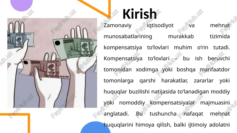 r haq 4 xizmat safarlari bilan bog‘liq to‘lovlar yo‘l xarajatlari, yashash, ovqatlanishga to‘lovlar kompensatsiya qilinadi xizmat safarlari tartibi bo‘yicha moddalar boshqa viloyatga yuborilgan xodim xarajatlari 5 ish joyiga kelib-ketish uchun xarajatlar ishga qatnov xarajatlarini qoplash belgilangan hollarda amalga oshiriladi mahalliy qarorlar va korxona ichki tartiblari uzoq hududdan keluvchi xodim uchun yo‘l puli 6 sog‘liqka zarar yetkazilganda mehnat jarohati yoki kasb kasalligi tufayli to‘lanadigan kompensatsiya “mehnatni muhofaza qilish” qonuni, mk ish jarohati olgan xodimga to‘lov 7 to‘satdan ishdan bo‘shash bilan bog‘liq kompensatsiya qonunga xilof ravishda ishdan bo‘shatilganda zararlar qoplanadi nizolarni ko‘rib chiqish bo‘yicha moddalar noqonuniy ishdan bo‘shatilgan xodimga to‘lov 8 ishga layoqatsizlik davrida kasallik varaqasi asosida to‘lanadigan kompensatsiya mehnatga layoqatsizlik tartibi 10 kun kasal bo‘lgan xodimga to‘lov 9 kompensatsiya to‘lovlarining turlari 10 mehnat sharoitlari og‘ir, zararli bo‘lganda beriladigan to‘lovlar xodimning ish joyiga kelishi, xizmat safarlari bilan bog‘liq xarajatlar uchun to‘lovlar ishga layoqatsizlik, jarohatlanish yoki sog‘liqka zarar yetganda beriladigan to‘lovlar tunggi ish, …
