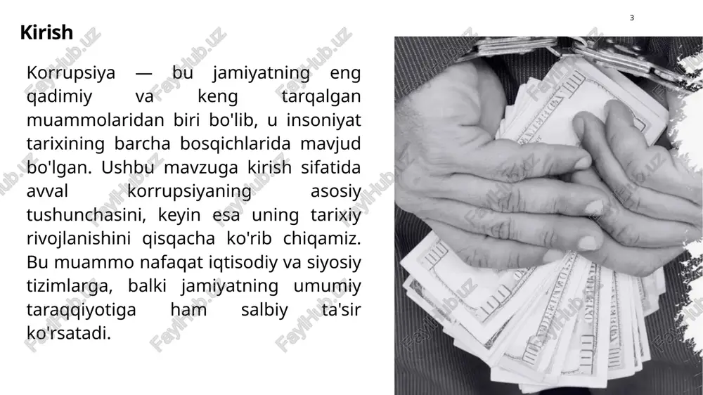 dan qaraganda, korrupsiya qadimgi davlatlardan boshlab mavjud bo'lgan va unga qarshi choralar ham shu davrlarda shakllana boshlagan. (dastlabki huquqiy chora-tadbirlar 11 korrupsiyaga qarshi kurashning dastlabki huquqiy chora-tadbirlari qadimgi tsivilizatsiyalarga borib taqaladi, ammo zamonaviy shaklda ular xx asrning ikkinchi yarmida faol rivojlanadi. qadimgi shumer davlatida, miloddan avvalgi iii ming yillikda, korrupsiyaga qarshi birinchi huquqiy normalar paydo bo'lgan bo'lib, unda davlat xizmatchilarining mansab vakolatlarini suiiste'mol qilishi qattiq jazolanardi. bu choralar asosan poraxo'rlik va rasmiy shaxslarning shaxsiy manfaatlarini himoya qilishga qaratilgan edi. xalqaro tashkilotlarning ro’li 12 xalqaro tashkilotlar korrupsiyaga qarshi kurashda katalizator rolini o'ynab, davlatlarni global standartlarga moslashishga undaydi. bmtning 2003-yil 31-oktabrdagi korrupsiyaga qarshi konvensiyasi (uncac) bu jarayonning markaziy hujjati bo'lib, 189 dan ortiq davlatni qamrab olgan. konvensiya poraxo'rlik, savdo ta'sirini sotish, funktsiyalarni suiiste'mol qilish kabi korrupsiya shakllarini qamrab olib, davlatlarga milliy qonunlarni moslashtirish, xalqaro hamkorlikni kuchaytirish va aktivlarni qaytarish mexanizmlarini joriy etishni majburiy qiladi. bo‘lim asosiy mazmun misollar / izohlar korrupsiya tushunchasi …