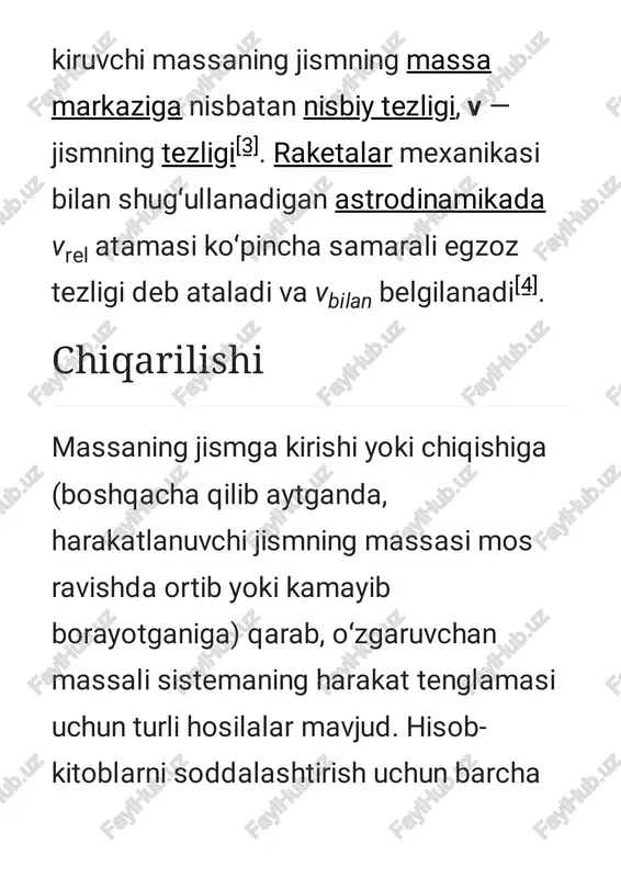 adi. shunday qilib, dt davomida tizimning impulsi oʻzgaradi olingan massaning m massaga nisbatan nisbiy tezligi vrel quyidagicha yoziladi. shuning uchun impulsning oʻzgarishi quyidagicha yozilishi mumkin shuning uchun nyutonning ikkinchi qonuni bilan shuning uchun yakuniy tenglamani quyidagicha tartibga solish mumkin https://uz.m.wikipedia.org/wiki/newton_qonunlari qoʻyib yuborilganda, bu raketa shari oʻz massasining katta qismini havo sifatida chiqarib yuboradi va bu katta tezlashuvga olib keladi. tezlanishning taʼrifi boʻyicha a = dv /dt, shuning uchun oʻzgaruvchan massali tizim harakat tenglamasini quyidagicha yozish mumkin. shakllari https://uz.m.wikipedia.org/wiki/fayl:inflated_rocket_balloon.jpg https://uz.m.wikipedia.org/wiki/fayl:inflated_rocket_balloon.jpg https://uz.m.wikipedia.org/wiki/tezlanish zarrachalar sifatida qaralmaydigan jismlarda asm ga almashtirilishi kerak, sistemaning massa markazining tezlanishi, yaʼni koʻpincha surish natijasida kelib chiqadigan kuch sifatida aniqlanadi shuning uchun quyidagi natijani olamiz: https://uz.m.wikipedia.org/wiki/massa_markazi bu shakl jismga hech qanday tashqi kuchlar taʼsir qilmasa ham surish taʼsirida tezlashishi mumkinligini koʻrsatadi (fext = 0). nihoyat, shuni yodda tutingki, agar fnet bu fext va fsurish yigʻindisi boʻlsa, tenglama nyutonning ikkinchi qonunining odatiy shakliga qaytadi: ideal raketa tenglamasi raketa massasi nisbati …