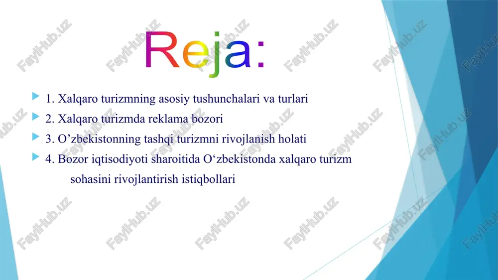 ganligi; reklamatsiya. o-opportunities – imkoniyatlar t-threats – xavflar reklama faoliyati rivojlanishi uchun ilg’or usullardan foydalanish imkoniyatlari mavjudligi; doimiy malaka oshirish va treninglar o’tkazish uchun yetarli imkoniyatlar va talab mavjudligi; xorijiy investitsiya o’zi bilan birga yangicha boshqaruv uslublarini olib kelishi; reklama faoliyatining davlat tomonidan himoyalanganligi; o’zbekistondagi turistik oqimning kuchayayotganligi, tashrif buyurgan har bir sayyoh yana bir sayyoh tashrifiga sababchi bo’lishi mumkinligi, ya’ni sayyohning o’zi reklama vositasi hisoblanishi. soha xodimlari o’rtasida o’rta yoki to’liqsiz o’rta malumotlilarning hissasi oshib ketish ehtimoli; mish-mishlar yoki piarning reklama faoliyatiga salbiy ta’sir etish ehtimoli. obrazets teksta vtoroy uroven tretiy uroven chetvertiy uroven pyatiy uroven logotiplar tanlovi shiorlar tanlovi the eastern tale uzbekistan – the heart of central asia uzbekistan – core of asia. soul of the east sharq ertagi o’zbekiston – markaziy osiyo yuragi o’zbekiston – osiyo qalbi. sharq ruhi 360 ovoz 126 ovoz 117 ovoz takliflar turizm sohasidagi korxona va tashkilotlarga xorijiy tajribani misol qilib ko’rsatish, …