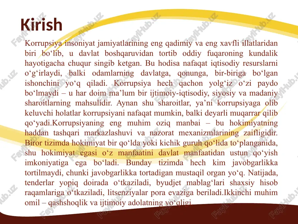 orijiy investorlar korrupsiya yuqori bo'lgan mamlakatga pul kiritishni xohlamaydi. jahon banki ma'lumotlariga ko'ra, korrupsiya global iqtisodiyotga yiliga 2 trillion dollar zarar yetkazadi. bu resurslarni samarasiz sarflashga olib keladi: davlat byudjeti o'g'irlanganda, yo'llar, maktablar va kasalxonalar qurilmaydi. o'zbekistonda so'nggi yillarda korrupsiyaga qarshi kurash natijasida byudjet shaffofligi oshdi, ammo oldingi davrlarda o'zlashtirishlar iqtisodiy o'sishni sekinlashtirdi. korrupsiyaga olib keluvchi omillar korrupsiya jamiyatning iqtisodiy, ijtimoiy va siyosiy rivojlanishiga jiddiy to'sqinlik qiluvchi omil sifatida tan olinadi. u davlat boshqaruvi tizimida, iqtisodiy munosabatlarda va fuqarolar hayotida salbiy oqibatlarga olib keladi. korrupsiyaning paydo bo'lishi va rivojlanishiga sabab bo'luvchi omillar ko'p qirrali bo'lib, ularni tushunish va bartaraf etish uchun chuqur o'rganish zarur. ushbu matnda korrupsiyaga olib keluvchi asosiy omillar batafsil ko'rib chiqiladi, ularning har biri misollar bilan tahlil qilinadi va ularning o'zaro bog'liqligi ta'kidlanadi. boshqaruv tizimidagi shaffoflikning yetishmasligi, nazorat va javobgarlik mexanizmlarining sustligi, mansab vakolatlarining suiiste'mol qilinishi hamda sud-huquq tizimidagi kamchiliklar korrupsiyaning asosiy manbalari sifatida ajralib turadi. boshqaruv …