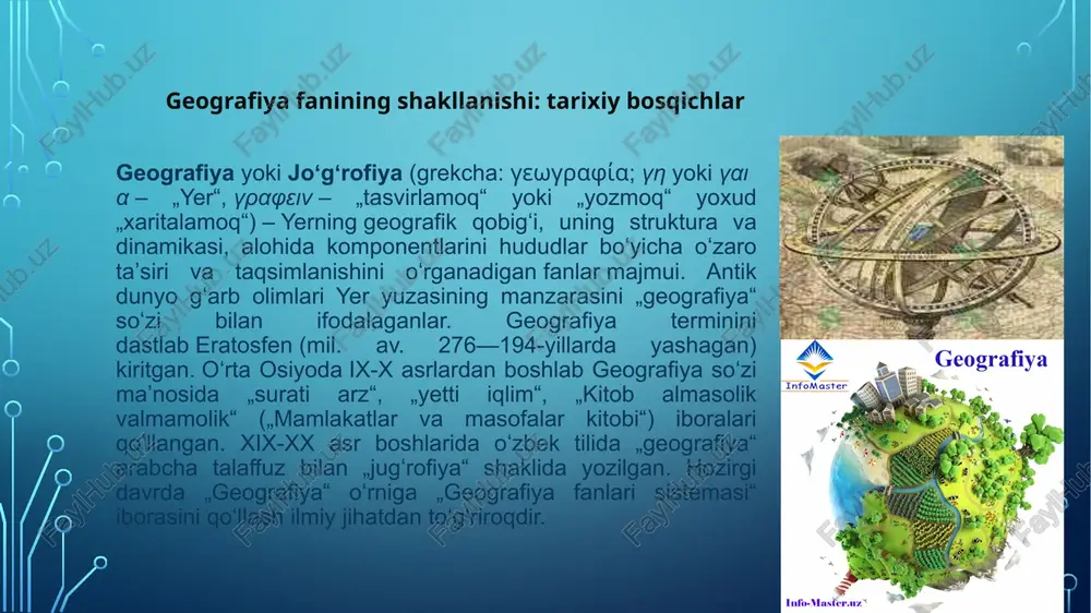 ralari belgilandi. xx asrning boshlariga kelib, geografiya ikki yirik yo‘nalishga — fizik geografiya va ijtimoiy-iqtisodiy geografiyaga ajrala boshladi. fizik geografiya yerning tabiiy komponentlarini (relyef, iqlim, suv, tuproq, o‘simlik va hayvonot qoplami) tadqiq etishga yo‘naltirilgan bo‘lsa, iqtisodiy-geografik yo‘nalish aholi, xo‘jalik tarmoqlari, aholining joylashuvi, iqtisodiyot hududiy tuzilishi kabi ijtimoiy jarayonlarni o‘rgandi. bu ikki yo‘nalishning shakllanishi geografiya fanining mazmunini kengaytirib, uni amaliy ahamiyatga ega bo‘lgan tadqiqotlar bilan boyitdi. xx asr o‘rtalarida ilm-fan taraqqiyoti, ayniqsa texnika va kartografiyaning rivojlanishi natijasida geografiyada yangi sohalar paydo bo‘ldi. kartografiya, geomorfologiya, landshaftshunoslik, demografiya, shahar geografiyasi, siyosiy geografiya, agrogeografiya kabi yo‘nalishlar mustaqil ilmiy bo‘limlarga aylandi. shuningdek, yerning fazodan turib o‘rganilishi — masofaviy zondlash texnologiyalarining paydo bo‘lishi geografik tadqiqotlarning yangi bosqichiga sabab bo‘ldi. xx asr oxiri va xxi asr boshlarida geografiya fanining eng muhim yutug‘i — gis (geoaxborot tizimlari) va raqamli kartografiyaning keng qo‘llanila boshlanishidir. bu texnologiyalar geografik axborotni yig‘ish, saqlash, qayta ishlash va modellashtirish imkoniyatlarini tubdan o‘zgartirdi. endilikda geografiya …