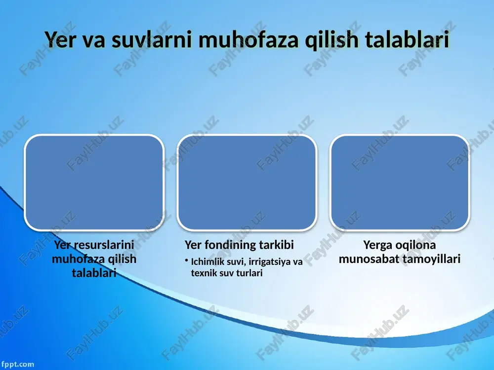 tlardan keng foydalanish, himoya o‘rmon zovurlari barpo etish, konturli haydash, terraslash, fitomelioratsiya kabi amaliy choralar orqali hayotga tatbiq etiladi. qishloq xo‘jaligi yerlarini muhofaza qilish choralari qishloq xo‘jaligi yerlarini muhofaza qilish bo‘yicha kompleks chora-tadbirlar quyidagi yo‘nalishlarda amalga oshirilmoqda: meliorativ tadbirlar: 2021–2030-yillarga mo‘ljallangan davlat dasturi doirasida 1,8 million gektar yerda vertikal va gorizontal drenaj rekonstruksiya qilinmoqda, 68 ming km kollektor-drenaj tarmoqlari tozalanmoqda, yer osti suvlarini sun’iy tartibga solish inshootlari qurilmoqda. agrotexnik tadbirlar: g‘o‘za maydonlari 50 foizdan oshmasligi, beda, makkajo‘xori, don, dukkakli ekinlar rotatsiyaga majburiy kiritilishi, organik o‘g‘itlardan yiliga 25–30 t/ga ishlatilishi, konturli haydash, terraslash, agroo‘rmonzorlar barpo etilmoqda. suv tejamkor texnologiyalar: 2025-yilga tomchilatib sug‘orish 1 million gektarga, yomg‘irlatib sug‘orish 300 ming gektarga yetkazilishi, lazerli tekislash 2,5 million gektardan ortiq yerda bajarilgan. ichimlik suvi, irrigatsiya va texnik suv turlari ichimlik-maishiy suv aholi salomatligi uchun eng muhim resurs hisoblanadi. u inson iste’moli uchun mo‘ljallangan bo‘lib, sanitariya-gigiyena normalariga to‘liq javob berishi shart. ichimlik suvining asosiy manbalari …