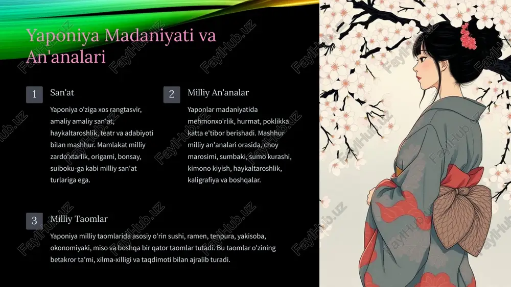 adimiy ibodatxonalar va jomelor joylashgan bo'lib, ular yaponiya madaniyati va an'analarini aks ettiradi. tarixiy ko'chalar shahar ko'chalari asrlar davomida o'zgarib kelgan bo'lib, ular milliy xom-ashyo va xo'jalik tizimlarini saqlab keladi. milliy bog'lar kyoto hududida ajoyib milliy bog'lar, gulzorlar, daraxtzorlarga boy bo'lib, ular sayyohlar uchun sevimli dam olish joylariga aylanib ulgurgan. teatr va adabiyot shahar teatri va adabiyoti yaponiya madaniyatining ajralmas qismi hisoblanadi. bu yerda mashhur milliy teatr turlari-no va kabuki namoyish etiladi. 8 osaka - biznes markazi savdo va iste'mol osaka yaponiyaning asosiy savdo-sotiq, moliya va biznes markazi bo'lib, ko'plab yirik kompaniya va brendlarga uyga bo'lib, mamlakat iqtisodiy rivojlanishiga jiddiy hissa qo'shadi. maishiy ma'naviy hayot osaka shunday mashhur bo'lgan tarixiy mavzular bilan bir qatorda, modern teatr, sayr bog'lari va panaviy yodgorliklarni ham o'zida mujassam etadi. taomlar osaka turli xil milliy taomlar va ne'matlarni taqdim etadigan mashhur markazlardan biri bo'lib, shu jumladan okonomiyaki, kushikatsu va boshqa milliy ovqatlar bilan tanilgan. 9 …