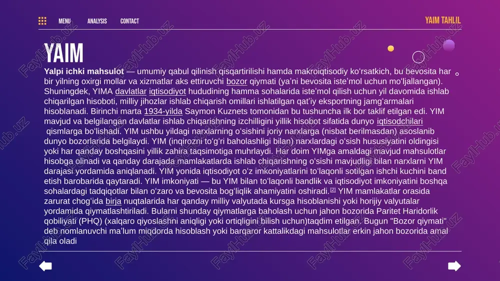 g barcha tarmoqlarida yaratilgan yalpi qo‘shilgan qiymat hajmi yaim umumiy hajmining 92,3 % ini tashkil etdi va 5,9 % ga o‘sdi. mahsulotlarga sof soliqlarning yaim tarkibidagi ulushi 7,7 % ni tashkil etdi va 2021- yilning yanvar-sentabr oylari bilan taqqoslaganda 4,1 % ga o‘sdi. data analysis menu analysis contact qurilishda faoliyat turlari bo‘yicha qo‘shilgan qiymatning o‘sishi quyidagicha bo‘ldi: qishloq, o‘rmon va baliqchilik xo‘jaligida sanoatda data analysis xizmatlar sohasida 5,3 % 7,9 %. 3,6 %; 6,3 % menu analysis contact 2022- yilning yanvar-sentabr oylarida aholi jon boshiga hisoblangan yalpi ichki mahsulot (yaim) 3,6 % ga o‘sdi. 2021- yilning yanvar-sentabr oylarida ushbu ko‘rsatkich 105,3 % ni tashkil etgan edi. 2022- yilning yanvar-sentabr oylarida aholi jon boshiga hisoblangan yaimning o‘sishi sekinlashdi data analysis menu analysis 2022- yillarning yanvar–sentabr oylarida qishloq, o‘rmon va baliqchilik xo‘jaligining yalpi ichki mahsulot (yaim)dagi ulushi o‘tgan yining mos davriga nisbatan 1,6 % ga kamaydi. 2018-2022- yillarning yanvar–sentabr oylarida qishloq, o‘rmon …