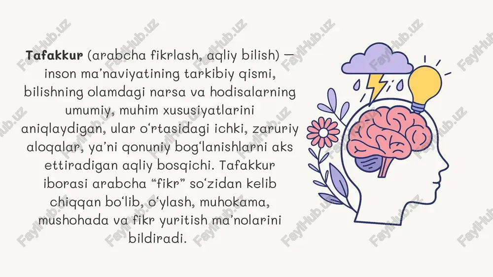 r bilan baham ko‘rish. tafakkur, nutq va intellekt — insonning asosiy aqliy poydevorini tashkil etadi. ular o‘zaro bog‘liq holda ishlaydi: tafakkur fikr yaratadi, nutq uni ifodalaydi, intellekt esa uni tahlil qiladi, mustahkamlaydi va boyitadi. bu uchlikni rivojlantirish orqali shaxsning bilim saviyasi, dunyoqarashi, ijodiy imkoniyatlari va muloqot madaniyati oshadi. shuning uchun ta’lim jarayonida har uch soha ustida muntazam va izchil ishlash muhimdir. e’tiboringiz uchun tashakkur! image1.png image2.svg image3.png image4.svg image5.png image6.png image7.jpeg image8.png image9.png image10.png image11.svg image12.png image13.svg image14.png image15.png image16.jpeg image17.png image26.png image27.svg image18.png image19.svg image20.png image21.svg image22.png image23.svg image24.png image25.svg image28.jpeg image29.png image30.svg image31.png image32.svg image33.png image34.png image35.svg image36.png image37.png image38.png image39.svg image40.png image41.png /docprops/thumbnail.jpeg