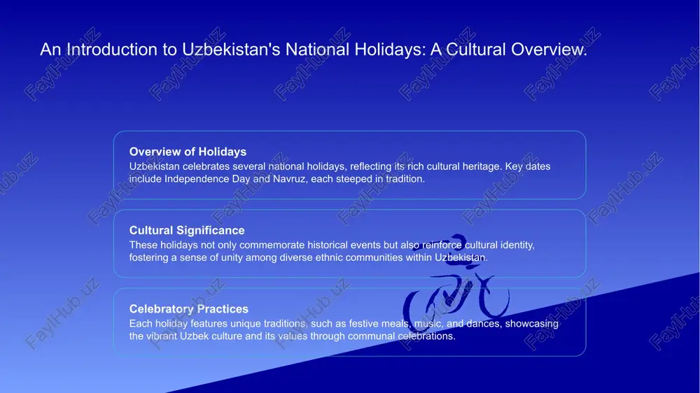 ural identity. sweet symbolism sweets like baklava and halva are integral to celebrations, symbolizing joy and prosperity. they are often served during festive gatherings, enhancing the celebratory atmosphere. community unity: the role of national holidays in uzbek society. 1 cultural significance uzbekistan's national holidays foster a sense of cultural pride, allowing communities to celebrate their rich heritage and preserve traditional customs through collective participation. 2 strengthening bonds these holidays serve as platforms for families and friends to gather, reinforcing social ties and creating a sense of belonging among diverse ethnic groups within uzbekistan. 3 collective identity national holidays play a crucial role in shaping a unified uzbek identity, promoting shared values, history, and aspirations, which contribute to societal cohesion and harmony. the role of national holidays in shaping uzbek national identity. 1 cultural identity national holidays in uzbekistan play a crucial role in reinforcing cultural identity, showcasing traditions, folklore, and …