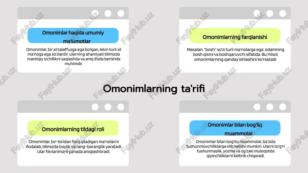 fi va ularning o'zaro farqlari. o'zbekiston milliy universiteti, 2021. 2. jumaniyazova, d. omonimlar va ularning madaniy ahamiyati. o'zbekiston fanlar akademiyasi, 2020. 3. toshmurodov, m. omonimlar turlari va ularning misollari. til va adabiyot institutining ilmiy jurnali, 2022. 4. sultanov, a. omonimlar va ularning axborot tarqatishdagi roli. o'zbekiston davlat universiteti, 2023. 5. mirzayeva, l. omonimlar: o'zaro farqlari va misollari. o'zbekiston milliy pedagogika universiteti, 2019. e'tiboringiz uchun rahmat! image1.png image2.png image15.jpeg image16.jpeg image17.jpeg image3.png image18.jpeg image19.jpeg image12.png image13.png image6.png image14.png