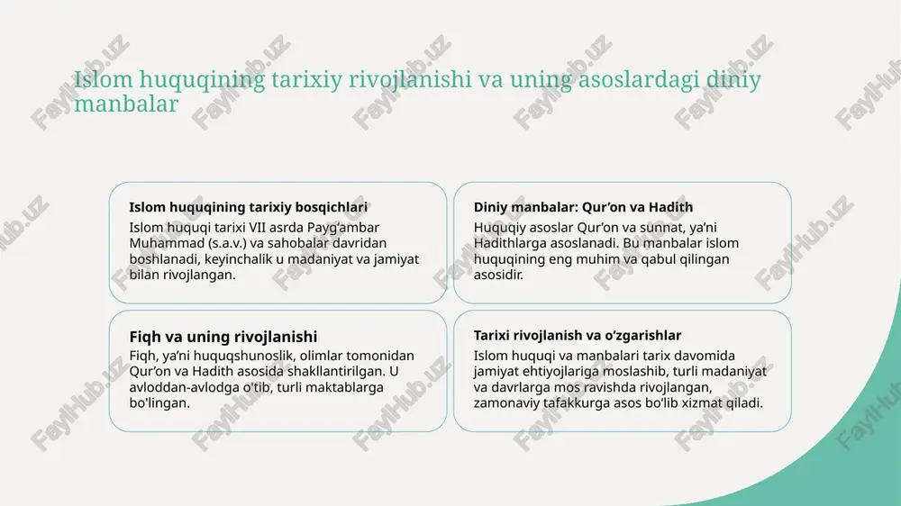 yondashuvlar rivojlandi. zamonaviy rivojlanish va ta'sirlar mustaqil o'zbekiston davrida islom huquqi yangi qonunlar va pedagogik yondashuvlar bilan rivojlanib, xalqaro hamkorlik va diniy erkinlikni ta'minlamoqda. zamonaviy o‘zbekistonda islom huquqi va uning qo‘llanilishi 1 zamonaviy huquq tizimlari bilan integratsiya o‘zbekistonda islom huquqi davlat va jamoat qurilishida zamonaviy qonunlar bilan uyg‘un ravishda qo‘llanilmoqda, diniy erkinlik va huquqiy barqarorlik ta'minlanmoqda. 2 ijtimoiy va madaniy ta’sirlar islom huquqi, mahalliy an’analar va zamonaviy talablar uyg‘unlashib, oilaviy, diniy va jamoaviy hayotda muhim rol o‘ynaydi, odil va adolatli yondashuvlarni shakllantirmoqda. 3 huquqiy amaliyotdagi qo‘llanilishi o‘zbekistonda diniy masalalarda huquqiy muvofiqlikni ta’minlash uchun, diniy tashkilotlar bilan hamkorlikda, islomiy qoidalar va amaliy yondashuvlar ishlatilmoqda. an'anaviy va zamonaviy qiyosiy yondashuvlar bilan o‘zbekiston madaniyatida islom huquqi an'anaviy yondashuvlar an'anaviy qiyosiy yondashuvlar islomiyning tarixiy va diniy manbalarga asoslangan bo‘lib, shariat va fiqhga tayanadi, ular o‘zbekiston madaniyatida muhim o‘rin tutadi. zamonaviy yondashuvlar zamonaviy qiyosiy yondashuvlar esa xalqaro huquq va inson huquqlari bilan integratsiya qilinib, zamonaviy …