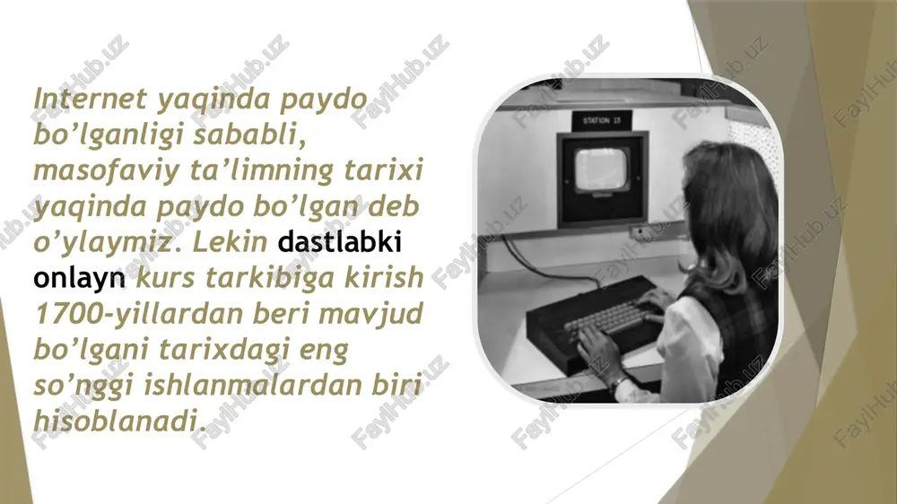 michigan shtat unversiteti kompyuter assisted personalized apporoach (cspa) ni ishlab chiqadilar. 1994-yilda ochiq unversitet kognitiv pisexalogiya bo’yicha ba’zi talabalarga eksperimental virtual yozgi maktabni (vss) taklif qiladi. shuningdek, 1994-yilda calcampus o’zining to’liq onlayn maktabida real vaqt rejimida ta’limni taklif qiladi. 2000-yilda ta’lim mazmunini yetkazib berish uchun onlayn texnalogiyalarni ishlab chiqish va ulardan foydalanish portlashga olib keldi. internetga kirish yanada kengroq bo’lishda davom etmoqda va yangi platformalar hali ham ishlab chiqilmoqda, natijada, masofaviy ta’lim unversitetlarining soni ham ko’payib bormoqda. ta’lim tizimini o’z asosi sifatida relyatsion ma’lumotlar bazasidan foydalangan holda qabul qiladilar. natijada 1887-yilda tashkil etilgan blackoard inc. kurslarini boshqarish va o’tkazish uchun standartlashtirilgan platmormani ishlab chiqdi, bu esa ko’plab muassasalarning onlayn rejimga kirishiga imkon beradi. masofaviy ta’lim biz o’ylagandan ko’ra uzoq vaqtdan beri mavjud bo’lib, bu talabalarga, maktab yoki unversitetga bormasdan akademik kurslarni o’rganish va tushunish imkonini beradi. 2000-yilda ta’lim mazmunini yetkazib berish uchun onlayn texnalogiyalarni ishlab chiqish va ulardan foydalanish portlashga …