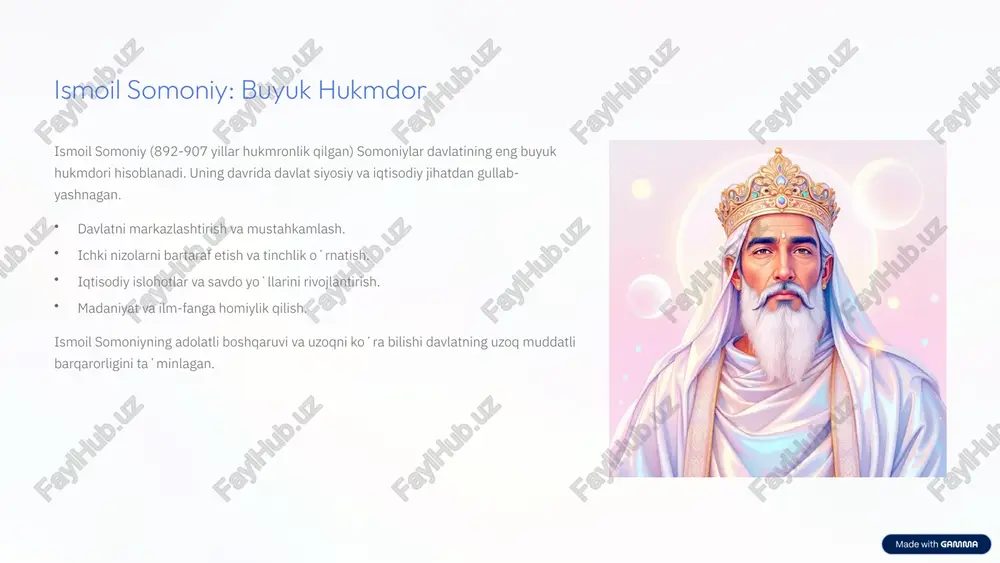 aʼsir koʻrsatib, iqtisodiy tanazzulga olib kelgan. 7 somoniylar davlatining qulashi 999-yilda qoraxoniylar buxoroni egallab, somoniylar davlatiga butunlay barham bergan. bu markaziy osiyo tarixida yangi davrning boshlanishini anglatgan. qoraxoniylar bosqini qoraxoniylar hukmdori nasr ibn ali buxoroga hujum qilib, somoniylar amiri abdulmalik ii ni asirga olgan. bu somoniylar sulolasining yakunini belgilagan. oqibatlar somoniylar davlatining qulashi markaziy osiyoda turkiy sulolalarning hukmronligini mustahkamlagan. biroq, somoniylar davrida shakllangan madaniy va ilmiy meros keyingi davrlarda ham oʻz taʼsirini saqlab qolgan. 8 somoniylar merosi somoniylar davlati qulagan boʻlsa-da, uning markaziy osiyo madaniyati va sivilizatsiyasiga qoʻshgan hissasi beqiyosdir. uning merosi bugungi kungacha saqlanib qolgan. adabiy meros fors-tojik adabiyotining oltin davri, rudakiy va firdavsiy asarlari. ilmiy yutuqlar ibn sinoning tibbiyot va falsafadagi kashfiyotlari, al-xorazmiyning matematikadagi ishlari. meʼmoriy durdonalar ismoil somoniy maqbarasi kabi noyob meʼmoriy yodgorliklar. madaniy rivojlanish turli xalqlar va madaniyatlar oʻrtasidagi oʻzaro taʼsir va boyish. 9 xulosa: somoniylar davlatining abadiy izlari somoniylar davlati markaziy osiyo tarixida yorqin iz …