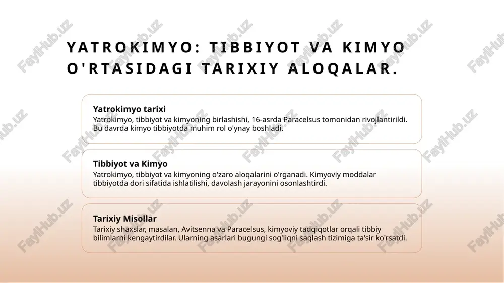 tibbiyot va kimyoning o'zaro aloqasini o'rganish orqali, sog'liqni saqlashda kimyoviy kashfiyotlarning muhim rolini ko'rsatadi. 2 kimyoviy kashfiyotlar yatrokimyo davrida kashf etilgan yangi moddalarning tibbiyotdagi qo'llanilishi, kasalliklarni davolashda inqilobiy o'zgarishlarni olib keldi. 3 tibbiyotdagi ta'sir kimyoviy kashfiyotlar, dori vositalarini ishlab chiqish va sog'liqni saqlashda samaradorlikni oshirishda muhim ahamiyatga ega bo'ldi. 4 tarixiy ahamiyat yatrokimyo davrida amalga oshirilgan kimyoviy kashfiyotlar, tarixiy tibbiyot rivojiga va zamonaviy ilmiy yondoshuvlar shakllanishiga katta ta'sir ko'rsatdi. paracelsus va kimyoviy kashfiyotlar: tibbiyotda inqilobiy o'zgarishlar. paracelsus tibbiyotda kimyoviy kashfiyotlar orqali inqilobiy o'zgarishlar kiritdi. u, alohida kimyoviy moddalar yordamida kasalliklarni davolashni taklif qilib, an'anaviy tibbiyotga qarshi chiqdi. uning fikrlari va usullari, zamonaviy farmatsevtikada asosiy o'rin tutadi. kimyoviy kashfiyotlar va sog'liqni saqlash tizimiga ta'siri. 01 kimyoviy kashfiyotlar kimyoviy kashfiyotlar tibbiyotda yangi dori vositalarining yaratilishiga olib keldi. ular kasalliklarni davolashda muhim rol o'ynaydi. 02 sog'liqni saqlash tizimi kimyoviy kashfiyotlar sog'liqni saqlash tizimida jarrohlik, diagnostika va davolash metodlarini takomillashtirdi, bu esa bemorlar hayot …