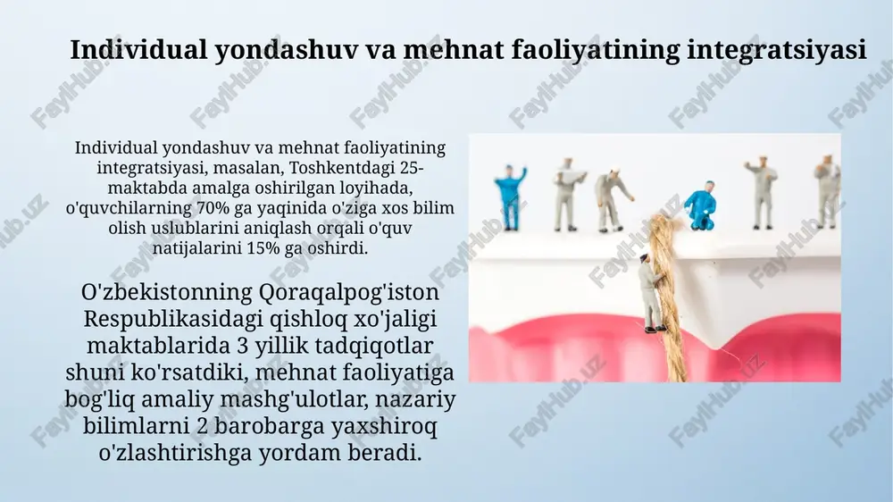 ta'limdagi muammolari individual yondashuvning amaliy qo'llanilishi, ayniqsa, 5-sinfdan boshlab, matematika va fizika fanlarida o'quvchilarning 30% gacha o'zlashtira olmasligiga olib kelishi mumkin, bu esa ta'lim sifatini pasaytiradi va farg'ona viloyatidagi maktablar statistikasida aks etadi. individual yondashuvni qo'llashda resurslarning (o'qituvchilar, materiallar, vaqt) cheklanganligi, ayniqsa, qishloq hududlarida, masalan, qashqadaryo viloyatining chekka qishloqlarida, ta'lim samaradorligiga salbiy ta'sir ko'rsatishi mumkin, natijada o'quvchilarning bilim darajasi pasayadi. mehnat faoliyatining ta'lim mazmuniga integratsiyasi o'zbekistonning 2022-yilgi ta'lim islohotida mehnat ta'limi 3 ta asosiy yo'nalish - hunarmandchilik, qishloq xo'jaligi va texnologiya bo'yicha kengaytirildi, bu esa 1000 dan ortiq maktabda qo'llanilmoqda. mehnat faoliyatini ta'limga integratsiya qilish natijasida toshkentdagi 2 ta litseyda o'quvchilarning kasbiy yo'nalishga qiziqishi 35% ga oshdi, bu esa 2024 yilgacha 5 ta litseyga tarqatilishi rejalashtirilgan. zamonaviy ta'limda mehnat tarbiyasi surxondaryo viloyatining qishloq hududlaridagi maktablarda 2022-yilda amalga oshirilgan tadqiqotlar, mehnat tarbiyasining ijtimoiy moslashuvchanlikka ijobiy ta'sirini 25% ga oshirganligini ko'rsatdi. toshkent shahridagi 5-sonli kasb-hunar kolleji tajribasi shuni ko'rsatdiki, amaliy mashg'ulotlarga asoslangan …