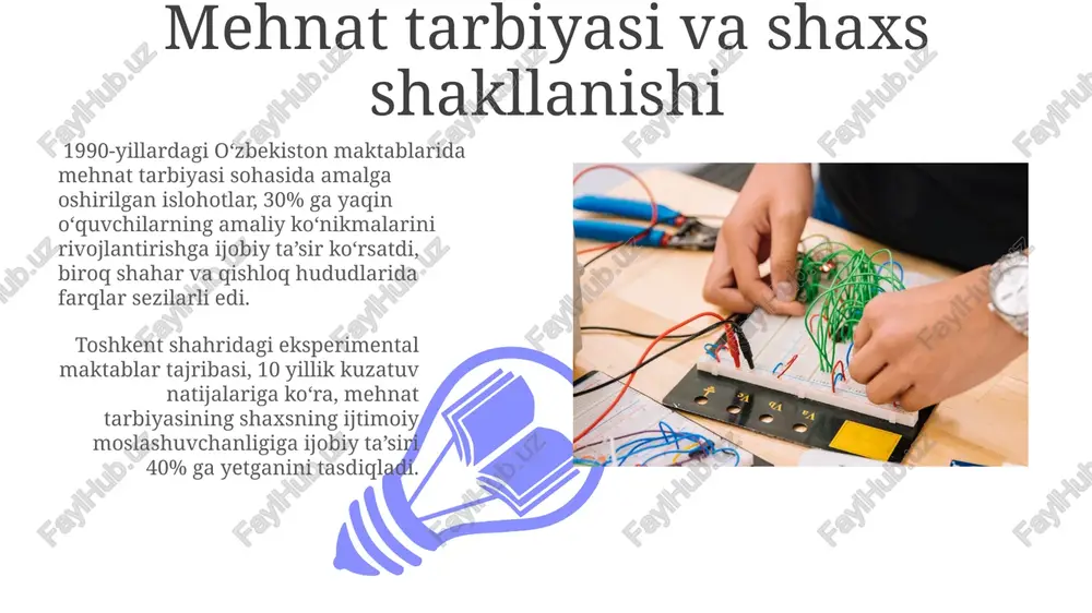 larini hisobga olgan holda, 10 nafardan iborat guruhda 70% ga yaqin o'quv natijalarini yaxshilashga olib kelishi mumkin, biroq bu yondashuv ko'p vaqt talab qiladi va professor-o'qituvchilarning yuqori malakasini talab qiladi. mehnat faoliyatining turlari va usullari hunarmandchilik (taxminan 15-20 turdagi hunarmandchilik turlari andijon viloyatida) kabi mehnat faoliyati bolaning nozik motorikasini rivojlantirish, mas’uliyat hissini shakllantirish va mustaqillikni oshirishga yordam beradi. mehnat faoliyatining turlari, masalan, qishloq xo‘jaligi (paxta terimi, 3-4 nafar kishilik guruhlarda samarqand viloyatida), sanoat (to‘qimachilik, 1000 dan ortiq ishchi bilan toshkent shahrida) va xizmat ko‘rsatish (turizm, 50 ga yaqin xodimlar bilan buxoro shahrida) kabi turlarni o‘z ichiga oladi. e'tiboringiz uchun rahmat image4.jpeg image5.jpeg image6.jpeg image7.jpeg image8.jpeg image9.jpeg image10.jpeg image11.jpeg image12.jpeg image1.jpeg image2.jpeg image3.jpeg