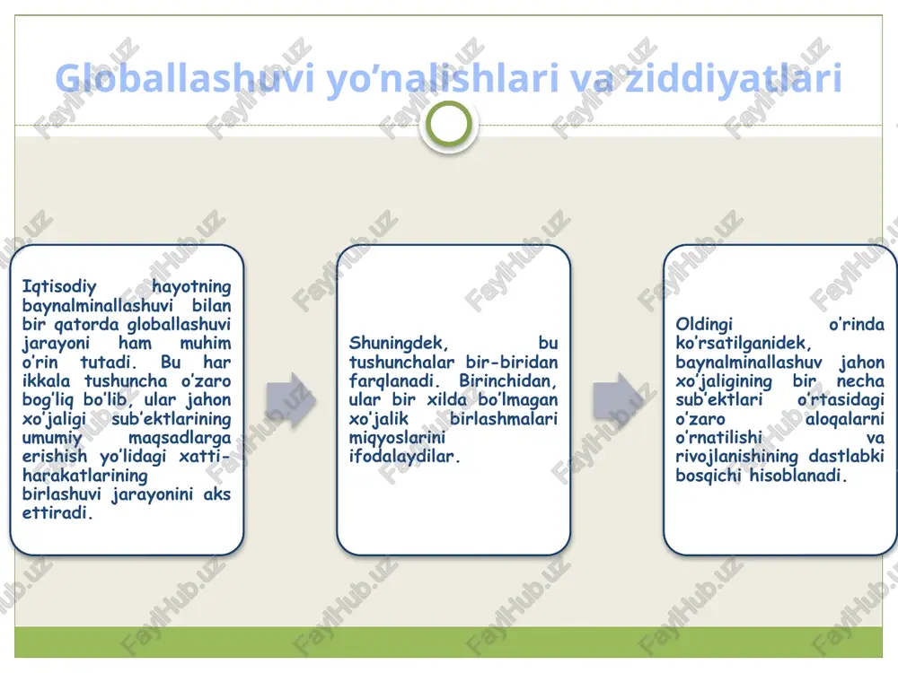 tasidagi farqning kuchayishi. 3) ekologik halokat tahdidlarining kuchayib borishi. 4) turli mamlakatlarda aholi sonining o’zgarishining farqlanishi. turli mamlakatlardagi iqtisodiy rivojlanishning bir tekisda bormasligi. iqtisodiy o’sishning jadallashuvida ilmiy-texnika inqilobi (iti) hal qiluvchi rol o’ynaydi. xx asrning ikkinchi yarmiga kelib yangi texnika va texnologiyalarga «sakrab» o’tilishi o’ziga xos «tutash zanjir» hosil qildi. global miqyosdagi axborotlashtirish natijasida turli mamlakatlarning texnologik jihatdan baravarlashuvi tendentsiyasi kuchaydi. axborot, aloqa va transport vositalari rivojlanishidagi texnikaviy to’ntarish yer sharining barcha mintaqalarida iti yutuqlarini tezlik bilan o’zlashtirish imkonini berdi. natijada, bir mamlakatda yaratilgan yangi texnika va texnologiyalar, sun’iy to’siqlarni bartaraf etgan holda, jahon bo’yicha tezlik bilan tarqalmoqda. 10 ba’zi mamlakatlar o’zlarining iqtisodiy o’sish sur’atlarini sezilarli darajada oshirgan holda zamonaviy sanoatlashgan ishlab chiqarishning eng yuqori darajasiga erishishga harakat qilmoqdalar. masalan, 1970-1980 yillarda yangi industrial mamlakatlarning «dastlabki avlodi» – koreya respublikasi, tayvan, singapur va gonkong ancha tez sur’atlarda rivojlandi. 1990 yillarning oxiriga kelib yangi industrial mamlakatlarning «ikkinchi avlodi» – indoneziya, filippin, …