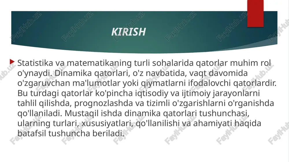 llari. tashkent: tdpu. matveev, a. (2015). dinamik qatorlar va ularning iqtisodiy tahlilda qo‘llanishi. moskva: ekonomika. shirinov, m. (2018). dinamika qatorlarining asoslari. buxoro: buxoro universiteti nashriyoti. wikipedia.uz iqtisod.uz tsue.uz image1.jpeg image2.jpeg image3.png image4.png image5.png image6.png image7.png image8.png image9.png image10.png image11.png image12.png /docprops/thumbnail.jpeg