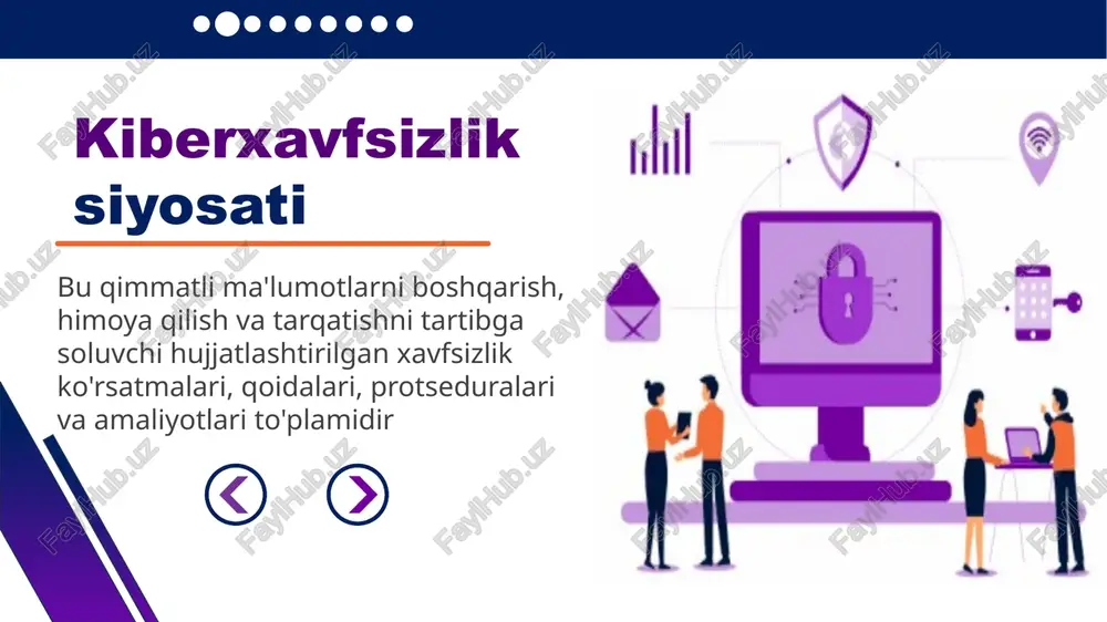 alar ma'lumotlarni himoya qilish uskunalari: shifrlangan qurilmalar, server shkaflari va uzluksiz quvvat manbalari (ups) bo‘lib, ular ma'lumotlarni yo‘qotish va qurilmalarning shikastlanishining oldini olish uchun ishlatiladi kuzatuv va monitoring tizimlari: cctv kameralari, harakat va signal sensorlari. atrof-muhit xavfsizligi vositalari: yong'inni aniqlash va o'chirish tizimlari, harorat va namlik nazorati tizimlari kabi uskunalar muhim texnologik jihozlarni atrof-muhit omillaridan himoya qiladi kirishni boshqarish tizimlari: biometrik qurilmalar, elektron kartalar, pin kodli kirish tizimlari va elektron qulf tizimlari. bu vositalar faqat ruxsat berilgan xodimlarning xavfsizlik hududlariga kirishini ta'minlaydi. jismoniy vositalar xulosa ushbu prenzitatsiyani bajarish natijasida quyidagi hulosalarga erishildi kiberxavfsizlik siyosati, asosiy tamoyillari va turlari tahlil qilindi va o’rganib chiqildi kiberxavfsizlik siyosatini joriy etish bosqichlari bosqichlari taqdim etildi va ishlab chiqildi kiberxavfsizlik siyosati vositalarining turlari bilan tanishildi va tahlil qilindi foydalanilgan adabiyotlar 1. n.n.safoyev, m.k.seidullayev, m.sh.radjabova, b.b.turdibekov, kiberxavfsizlik siyosati. oʻquv qoʻllanma. 2023. –"lesson-press" nashriyoti 236 b. 2. balanov a. n. zashita informatsionnix sistem. kiberbezo-pasnost : uchebnoe posobie …