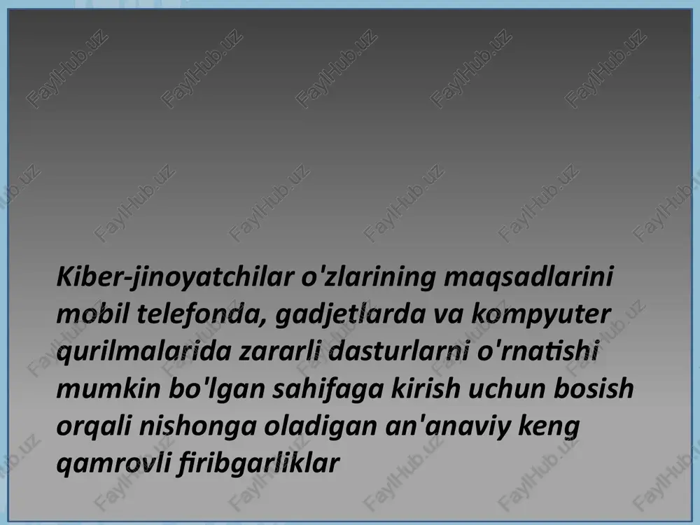 kommunal kompaniya, bank yoki davlat idorasi kabi ishonchli manbadan kelgan soxta matnlarni yuborish orqali amalga oshiradilar. ular qidirayotgan ma'lumotlar foydalanuvchi nomlari, parollar, kredit karta raqamlari, bank hisob raqamlari, sotuvchi nomlari yoki boshqa mulkiy ma'lumotlarni o'z ichiga olishi mumkin. keyin kiber jinoyatchilar ushbu ma'lumotlarni qora bozorda sotadilar yoki undan shaxsiy ma'lumotlarni o'g'irlash, bank hisoblarini bo'shatish yoki o'zlariga to'lovlarni yo'naltirish uchun foydalanadilar. jinoyatchilar, shuningdek, o'zlarining shaxsiy ma'lumotlarini soxtalashtirish uchun mashhur xabar almashish platformalarida buzilgan telefon raqamlari va soxtalashtirilgan yoki buzilgan akkauntlardan foydalanadilar. smishing xabarlari ko'pincha foydalanuvchilarni qonuniy ko'rinishi mumkin bo'lgan veb-saytga olib boradigan havolalarni o'z ichiga oladi, lekin aslida odamlar tizimga kirganlarida foydalanuvchi nomlari, parollar va boshqa ma'lumotlarni o'g'irlaydi. ba'zi xabarlar hatto egasi bilmagan holda mobil qurilmalarga zararli dasturlarni o'rnatishi mumkin. smishing, ayniqsa pandemiya davrida keng tarqalgan. darhaqiqat, elektron pochtaga asoslangan bo‘lmagan fishing hujumlari ham ko‘payib bormoqda, 2022 yilning ikkinchi choragida vishing (ovozli fishing), smishing (sms fishing) va qushing (qr code fishing) …