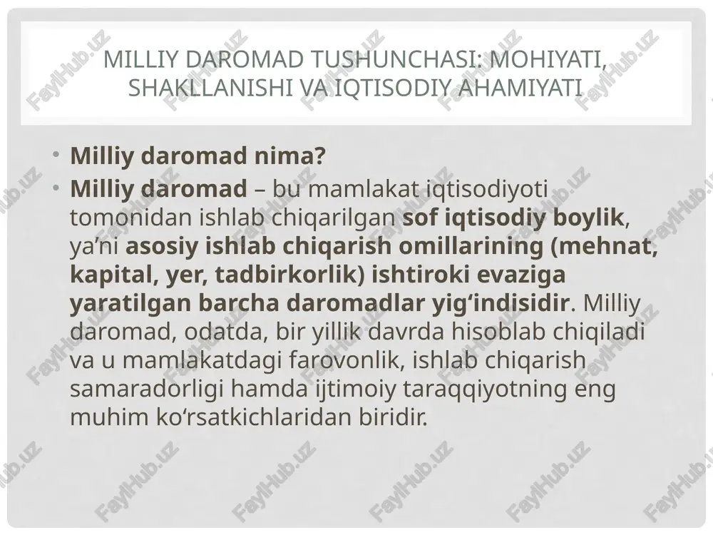 hilganqiymatlaryig‘indisi=yakuniymahsulot–oraliqmahsulotyim = qo‘shilgan qiymatlar yig‘indisi = yakuniy mahsulot – oraliq mahsulotyim=qo‘shilganqiymatlaryig‘indisi=yakuniymahsulot–oraliqmahsulot b) daromadlar usuli md=ishhaqi+foiz+renta+foyda+aralashdaromad+bilvositasoliqlar–subsidiyalarmd = ish haqi + foiz + renta + foyda + aralash daromad + bilvosita soliqlar – subsidiyalarmd=ishhaqi+foiz+renta+foyda+aralashdaromad+bilvositasoliqlar–subsidiyalar c) sarf-harajatlar usuli yim=c+i+g+nxyim = c + i + g + nxyim=c+i+g+nx bu yerda: c – iste’mol i – investitsiyalar g – davlat xarajatlari nx – sof eksport (eksport – import) milliy daromadning statistik ko‘rsatkichlari statistik tahlilda quyidagi ko‘rsatkichlar muhim o‘rin tutadi: ko‘rsatkich tavsif yim hajmi iqtisodiy o‘sishni bildiradi yim o‘sish sur’ati rivojlanish tezligini ko‘rsatadi yim jon boshiga aholining farovonlik darajasini baholash uchun inflatsiyalangan yim (real yim) narxlar o‘zgarishini hisobga olgan yim nominal yim amaldagi narxlarda hisoblangan yim gini koeffitsienti milliy daromadning taqsimlanish tengsizligini o‘lchaydi milliy daromadning iqtisodiy tahlili milliy daromad tahlili quyidagilarni aniqlashga yordam beradi: a) iqtisodiy o‘sish darajasi yim o‘sish sur’atlari orqali baholanadi. real yimdagi o‘sish aholining hayot darajasi oshayotganini bildiradi. b) taqsimot muammolari daromad tengsizligi …