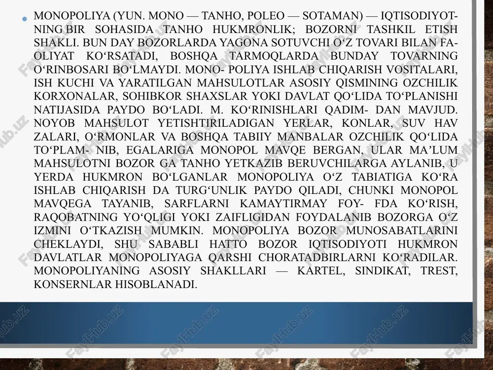 lash imkoniyati boʻlmaganligi sababli haridor daromadining bir qismini yoʻqotadi. lekin monopoliya monopol narxni chegarasiz oshira olmaydi, chunki har qanday narxning yuqori chegarasini harid qobiliyati belgilaydi. shuni hisobga olib monopol narx bozor koʻtaradigan narxning eng yuqorisi qilib belgilanadi, ammo bunday narx talabning ela-stikligini yuzaga keltirmaydi, yaʼni talab narxining ortishiga nisbatan tezroq pasayadi. monopol narxga resurelar narxining ortishi ham taʼsir etadi, chunki harajatlar ortib, foyda qisqaradi. monopsoniya sharoitidagi monopol narx haridor narxi hisoblanib, u ishlab chiqaruvchilarning oʻrtacha harajatlari darajasida boʻladi. buning natijasida monopsonistga tovar sotganlar minimal foyda koʻradi, monopsonist esa narxni pastligidan yutib chiqadi. bu yerda sotuvchilarning yoʻqotishi haridor — monopsonistning yutugʻiga aylanadi. monopol narx bozorning asosiy vositasi boʻlganligidan, davlat bu narxlarni nazorat qiladi, ularning haddan ziyod yuqori yoki last belgilanishiga yoʻl bermaydi, narxni oshirish hisobidan topilgan foydani davlat oʻz byudjetiga olib qoʻyadi. o‘zbekistondagi monopol kompaniyalar o‘zbekiston respublikasi monopoliyaga qarshi kurashish qo‘mitasi tabiiy monopoliya sub’ektlarining davlat reyestridagi korxonalar ro‘yxatini e’lon qildi. 2020 …