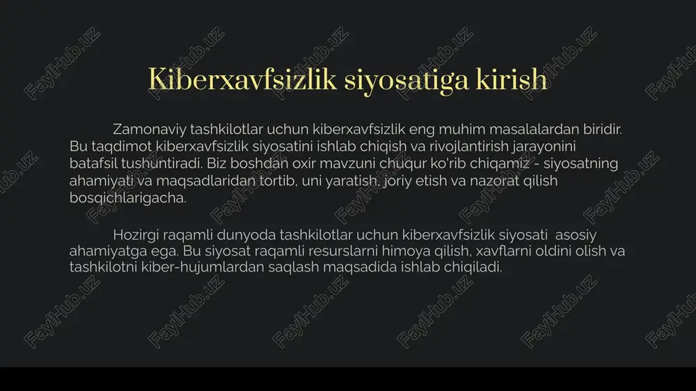 nmalar va lavozimlarni yaratish, ularning o'zaro munosabatlarini tartibga solish. 8 kiberxavfsizlik siyosatini rivojlantirish va yangilash muntazam tahlil siyosat samaradorligini va tashkilotdagi o'zgarishlarni hisobga olib, uni yilda kamida bir marta ko'rib chiqib yangilash kerak. yangi texnologiyalar yangi texnologik rivojlanishlarni kuzatib, siyosatni ularga moslashtirish lozim. xavf-xatarlarni baholash tashkilotdagi ichki va tashqi xavf-xatarlar muntazam baholanishi va ularni kamaytirish choralari ko'rilishi kerak. xodimlar malakasi xodimlarning kiberxavfsizlik sohasidagi bilim va malakalarini doimiy ravishda yaxshilab borish lozim. 9 kiberxavfsizlik siyosatini joriy etish va monitoring qilish siyosatni tartibga solish siyosatning tarkibiy qismlari, talablar va tartiblarni oiladagi barcha ishtirokchilarga tushunarli tarzda yetkazish. texnologik choralar siyosat talablariga mos keladigan texnologik himoya choralarini joriy etish va ularga nazorat o'rnatish. monitoring va hisobotlar kiberxavfsizlik holati, sodir bo'lgan voqealar va ularning bartaraf etilishi haqida muntazam hisobotlar tayyorlash. davomiy takomillashtirish tashkilot faoliyatidagi o'zgarishlar va yangi xavf-xatarlarni hisobga olgan holda, siyosatni doimo yangilab borish. 10 kiberxavfsizlik siyosatining asosiy afzalliklari 1 aktivlarni himoya qilish tashkilotning …