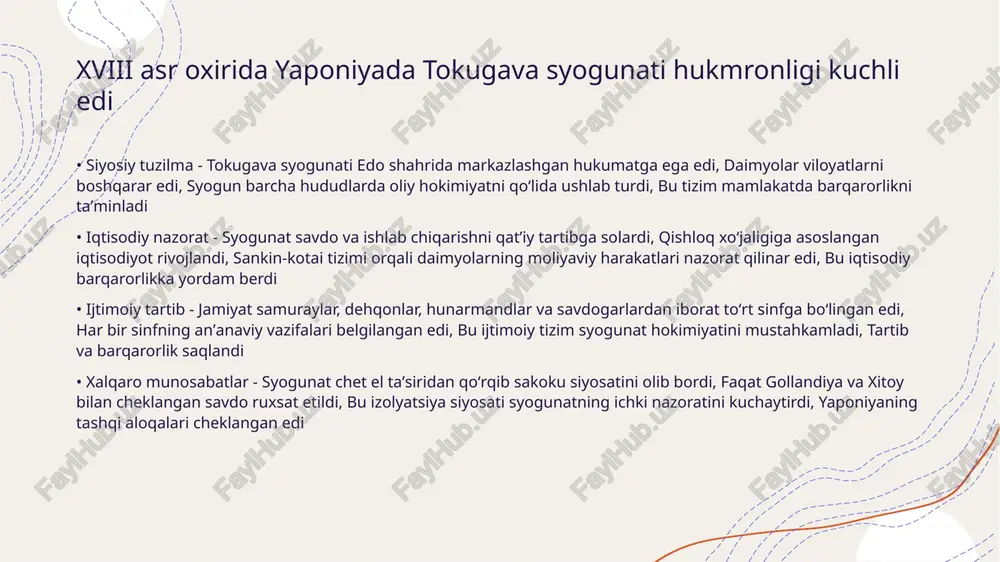 oq xo'jaligi mahsulotlari almashinuvi markaziga aylandi shaharlar asta-sekin kengayib borar edi • savdo tarmoqlarining kengayishi - shaharlar o'rtasida karvan yo'llari tarmog'i shakllandi bu yo'llar orqali ipak, zargarlik buyumlari va boshqa qimmatbaho tovarlar olib o'tildi savdo rivoji iqtisodiy o'sishga olib keldi • hunarmandchilik kasblari - shaharlarda kulolchilik, to'quvchilik, metall ishlash kabi hunarmandchilik turlari rivojlandi usta hunarmandlar o'z mahoratini avloddan-avlodga o'tkazdilar bu an'analar madaniy merosga aylandi • iqtisodiy va madaniy ta'sir - savdo va hunarmandchilikning rivojlanishi shaharlarni iqtisodiy markazlarga aylantirdi bu o'zgarishlar jamiyat tuzilishi va madaniyatga chuqur ta'sir ko'rsatdi shaharlar sivilizatsiya markazlariga aylandi meiji restavratsiyasi yilda boshlanib eski tuzumni ag'dardi • meiji restavratsiyasining boshlanishi - meiji restavratsiyasi 1868 yilda boshlangan, bu yaponiyaning qayta tiklanish davri edi, tokugava syogunati ag'darildi va imperator hokimiyati tiklandi, bu esa yaponiyaning zamonaviy davlatga aylanishiga olib keldi • feodal tuzumni ag'darish - eski feodal tuzim bekor qilindi, samuraylar sinfi tugatildi, domenlar prefekturalarga aylantirildi, bu esa markazlashtirilgan boshqaruvni kuchaytirdi …