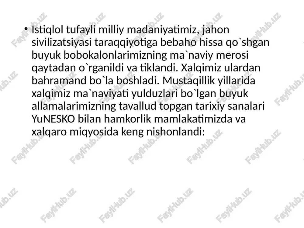 gi qaroriga binoan mazkur jamg`arma davlat tomonidan moddiy jihatdan qo`llab quvvatlandi. “oltin meros” xayriya jamg`armasi “xalq merosi durdonalari” ilmiy anjumanlarini, xorijdan izlab topilgan qo`lyozmalar, tarixiy hujjatlar, xalq hunarmandchiligi amaliy san`at namunalari, yodgorliklarini tahlil qilish, ko`rik tanlovlar o`tkazish bilan shug`ullanmoqda. 1996-2002 yillarda “oltin meros” jamg`armasi sa`y-harakatlari natijasida buyuk allomalarimizning ko`plab madaniy-ma`naviy meros namunalari mamlakatimizdan va xorij davlatlaridan izlab topildi, jamlandi hamda kutubxona va muzeylarga joylashtirildi. shuningdek, u xalqimizning rasm rusumlarini, urf-odatlarini, marosimlarini o`rganish, tiklash, xalqimizga qaytarish, ularning ma`no-mohiyatini hozirgi kundagi ahamiyatini keng ommaga tushuntirish ishiga katta hissa qo`shmoqda. diniy qadriyatlarning tiklanishi. qaramlik davrida tahqirlangan diniy qadriyatlarimiz mustaqillik nuri bilan qayta tiklandi, islomshunos allomalarimizning ulug` nomi o`z o`rniga qo`yildi. 1993 yil sentyabrda buxoroda mashhur shayx bahouddin naqshband tavalludining 675 yilligi nishonlandi. yubiley munosabati bilan buxorodagi naqshband nomi bilan bog`liq tarixiy yodgorliklar qayta tiklandi, uning ijodiga bag`ishlangan qator risolalar chop etildi. 1998 yil 23 oktyabrda samarqandda buyuk mutafakkir imom al-buxoriy tavalludining hijriy-qamariy tavqim …