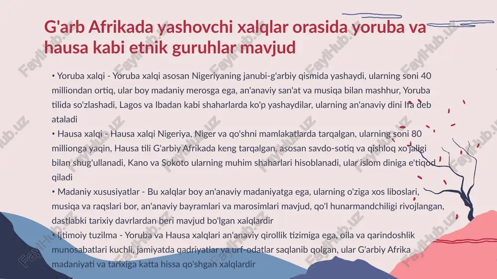 'rnatdi. tuz va oltin savdosi asosiy daromad manbai bo'ldi. qishloq xo'jaligi ham rivojlandi, dehqonchilik keng tarqaldi • madaniy merosi - mali imperiyasi islom dinini qabul qildi, sankore universiteti tashkil etildi. timbuktu shahri ilm-markazga aylandi. badiiy hunarmandchilik va me'morchilik rivoj topdi, an'analar saqlandi • tarixiy ahamiyati - mali imperiyasi g'arbiy afrikadagi eng kuchli davlatlardan biri edi. mansa musa hukmronligi davrida imperiya cho'qqisiga chiqdi. uning ta'siri mintaqa tarixiga chuqur iz qoldirdi mali imperiyasi g'arb afrikada muhim tarixiy davlat bo'lgan • diniy aralashmaning tarixiy ildizlari - islom g'arb afrikaga viii asrda savdo yo'llari orqali kirib keldi, mahalliy an'anaviy e'tiqodlar bilan uzoq muddatli o'zaro ta'sir natijasida sinkretik diniy amaliyotlar shakllandi • an'anaviy e'tiqod elementlari - ajdodlar ruhi, tabiat ruhlari va sehrgarlik kabi an'anaviy tushunchalar musulmon jamoalarida saqlanib qolgan, ular islom ta'limotlari bilan uyg'unlashgan g'arb afrika xalqlari diniy e'tiqodlarida islom va an'anaviy dinlar aralashgan • iqtisodiy o'zgarishlar - kolonializm mahalliy iqtisodiy tizimlarni o'zgardi, an'anaviy qishloq …