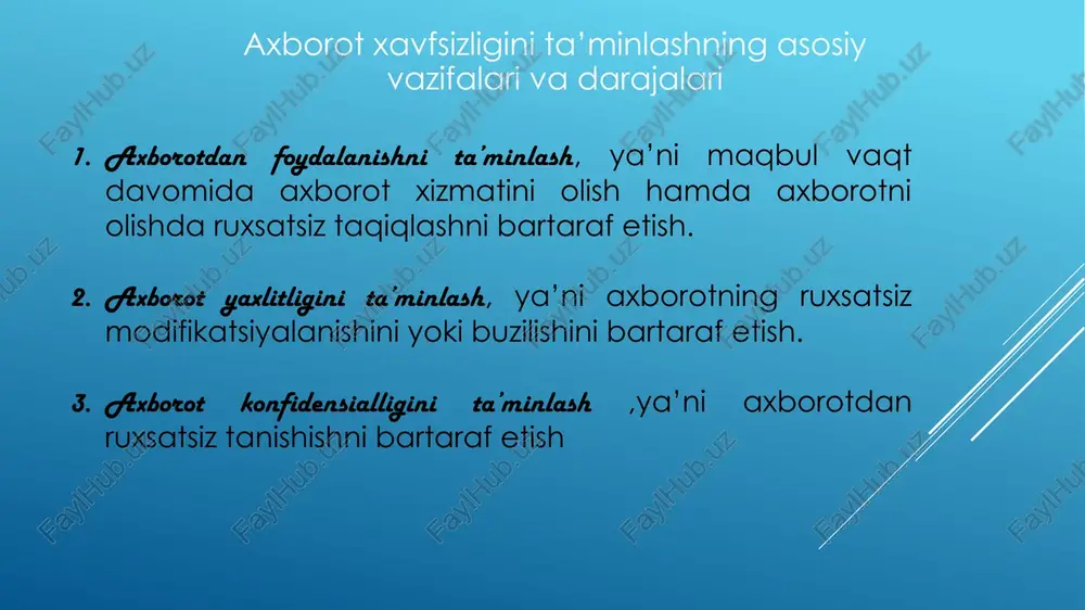 t policy): ma’lumotlardan foydalanishni mantiqiy boshqarish avtorizatsiya foydalanishlarni nazoratlashning autentifikatsiyadan o‘tgan foydalanuvchilar harakatlarini cheklash qismi bo‘lib, aksariyat hollarda foydalanishni boshqarish modellari yordamida amalga oshiriladi. foydalanishni boshqarish subyektning obyektga yo‘naltirilgan faollik manbai imkoniyatini aniqlashdir. umumiy holda foydalanishni boshqarish quyidagi sxema orqali tavsiflanadi foydalanishni boshqarishning quyidagi usullari keng tarqalgan: - foydalanishni diskretsion boshqarish usuli (discretionary access control, dac); - foydalanishni mandatli boshqarish usuli (mandatory access control, mac); - foydalanishni rollarga asoslangan boshqarish usuli (role-based access control, rbac); - foydalanishni atributlarga asoslangan boshqarish usuli (attribute-based access control, abac). dac da subyektlar tomonidan obyektlarni boshqarish subyektlarning identifikatsiya axborotiga asoslanadi. masalan, unix operatsion tizimda fayllarni himoyalashda, fayl egasi qolganlarga o‘qish (read, r), yozish (write, w) va bajarish (execute, x) amallaridan bir yoki bir nechtasini berishi mumkin. foydalanishni boshqarishning dac usuli. dacning jiddiy xavfsizlik muammosi - ma’lumotlardan foydalanish huquqiga ega bo‘lmagan subyektlar tomonidan foydalanilmasligi to‘liq kafolatlanmaganligi. windows xp da dacdan foydalanish rbac usulining asosiy afzalliklari quyidagilar: …