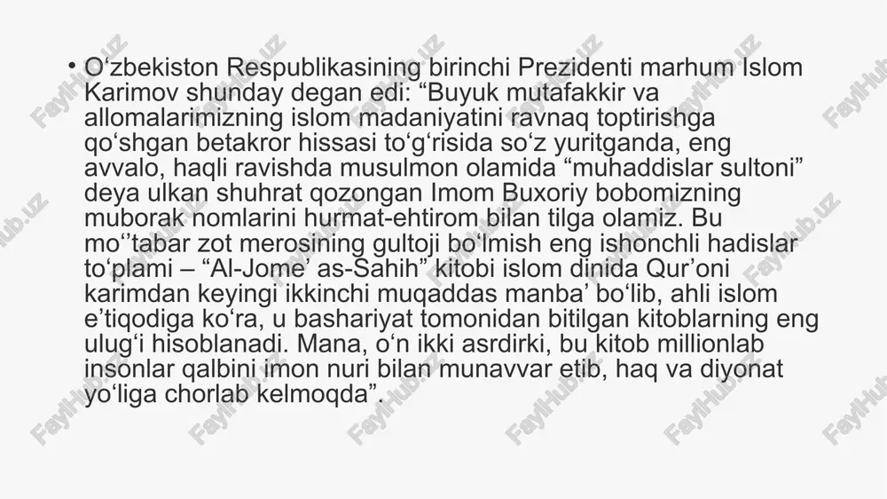 rlari uzluksiz hadislar yakka hadislar gʻarib hadislar aziz hadislar, mashhur hadislar 10 uzluksiz hadislar uzluksiz hadislar (al-hadis al-mutavotir). bu xildagi hadislarning roviylari juda koʻp boʻlib, ular bir-birlariga bogʻlanmagan va yolgʻon (kizb) gapirishlari amalda mumkin boʻlmagan roviylardir. bu xildagi hadislar ayniqsa jamiyat aʼzolarining amaliy hayotiga, masalan, namoz, roʻza, zakot, haj farzlariga doir hadislarda koʻp uchraydi. shuningdek, uzluksiz hadislar ikki xilda bayon etilishi mumkin: lafziy uzluksizlik - bunda hadisdagi soʻzlar (lafzlar) deyarli oʻzgartirilmay bir xilda boʻladi. mazmuniy (maʼnoviy) uzluksizlikda esa rivoyat qilinadigan voqealar qisman oʻzgartirilishi (yaʼni, juz'iy farqli boʻlishi) ham mumkin. 11 yakking hadislar yakka hadislar (al-ohad). istiloh sifatida bu hadislarda uzluksiz hadislarning shartlari boʻlmaydi, bu xildagi hadislar roviylarining soni chegaralangan - koʻpincha bitta boʻladi. odatda yakka hadislar dalil va isbotlar bilan asoslanadi. bunda ushbu hadisni naql qiluvchisining toʻgʻri soʻzligi, rivoyat qilinadigan hadisni xatodan xoli boʻlib, ishonchli boʻlishligi kabi masalalar ilm ad-diroyat orqali chuqur tadqiq qilinadi. yakka hadislar uch xil boʻladi: 12 …
