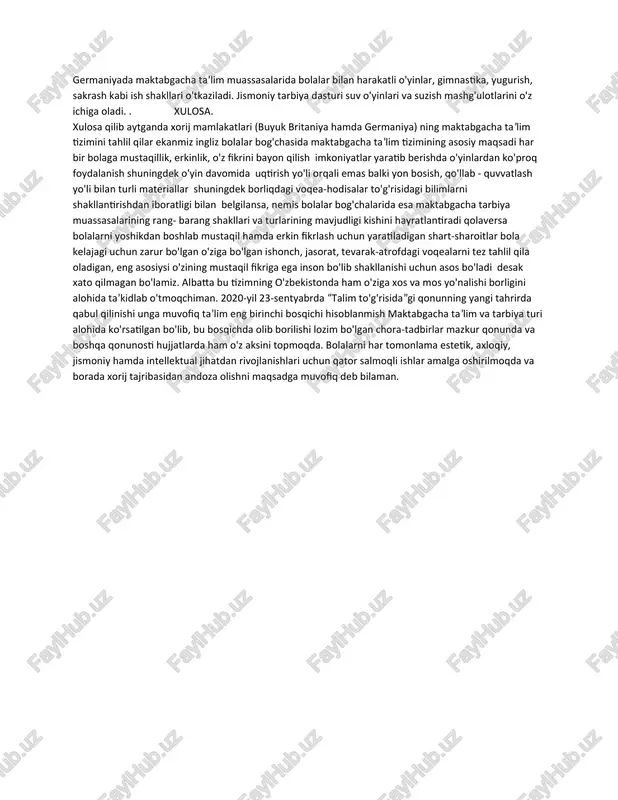 ning jismoniy tarbiya mashg'ulotlarida asosiy faoliyati gimnastika, raqslardan iborat bo'lib, mashg'ulotlar ochiq maydonlarda o'tkaziladi. germaniya maktabgacha ta’lim tizimi germaniya qonunlarida maktabgacha ta’lim olishning bepul huquqi belgilangan. bolalarni 4 oyligidan boshlab yasliga olib borish mumkin. ko'pchilik nemislar bu huquqdan foydalanadilar. germaniya bolalar bog'chalari turlari xilma-xildir. xususan ular quyidagilarga bo'linadi. 1. waldkindergarten (nemischa wald so'zidan -o'rmon, nemischa kindergarten - bolalar bog'chasi) demakdir. bunday bolalar bog'chalarini yaratish fikri skandinaviyada boshlangan. ko'pgina bunday bog'chalar o'rmonda joylashadi. bolalar doimo ochiq havoda sayr qilib turli mashg'ulotlar bilan shug'ullanadilar, daraxtlar va boshqa o'simliklarni o'rganadilar, tabiiy materiallardan turli narsalar yasaydilar ular to'g'risida tasavvurlarga ega bo'ladilar. bu orqali bolalarga tabiatni sevish va uni asrab - avaylashdek insoniy tuyg'ular shakllantiriladi. 2. bauernhofkindergarten (nemischa bauernhof so‘zidan - dehqon hovlisi, qo'rg'oni; kindergarten - bolalar bog'chasi). bunday bog'chalar dehqon xo'jaliklarida, fermalar yoki ularga yaqin yerlarda joylashgan bo'ladi. bolalar kuchlari yetguncha fermerlarga mollarni boqishda, dala va bog'larda sabzavot va mevalar o'stirishda yordam beradilar. 3. …