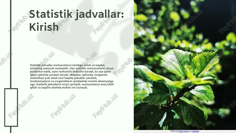 yorlashda, birinchi navbatda, kerakli ma'lumotlarni to'plash va ularni qayta ishlash zarur. olingan ma'lumotlar ishonchli va aniq bo'lishi muhimdir. misol uchun, so'rovnoma o'tkazish orqali ma'lumotlarni yig'ish mumkin. 2. grafikni tanlash ma'lumotlarning turiga qarab grafikni tanlash juda muhimdir. har bir grafik turi ma'lumotlarning turli jihatlarini taqdim etishi mumkin, shuning uchun to'g'ri grafik tanlash tahlil jarayonini samarali qiladi. masalan, chiziqli grafiklar vaqt o'zgarishlarini ko'rsatishda samarali. 3. ma'lumotlarni joylashtirish grafikda ma'lumotlarni joylashtirish va tahlil qilish jarayonida, ma'lumotlarni to'g'ri va muvaffaqiyatli ko'rsatish uchun aniqlik bilan joylashtirish kerak. grafikni o'qish va tushunishni osonlashtirish uchun ko'rsatkichlar va belgilardan foydalaniladi. 4. natijalarni taqdim etish photo by jane on unsplash 04.26.24 04.26.24 statistik jadvallarning mohiyati statistik jadval - bu ma'lumotlarni tartibga solish va ko'rsatish usuli. u tahlil qilish uchun zarur bo'lgan ma'lumotlarni aniq va tushunarli shaklda taqdim etadi. statistik jadvallar iqtisodiyot, sog'liqni saqlash va ta'lim kabi turli sohalarda qo'llaniladi. misol uchun, aholi soni bo'yicha jadvallar, iqtisodiy ko'rsatkichlar yoki test …