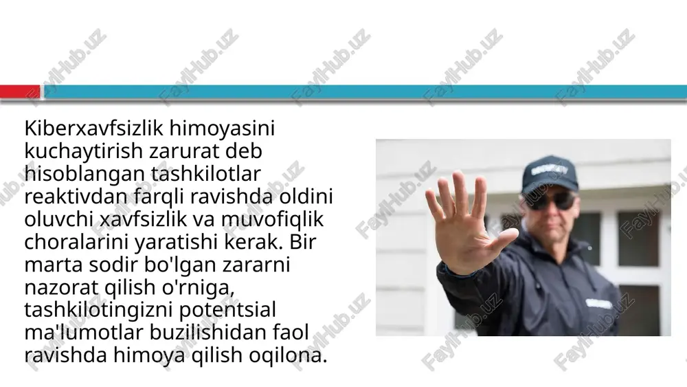 dan so'ng, ular tegishli o'limga topshirilishi kerak. keyin, tayinlangan bo'lim ichida, har bir xavfga egalik qilish va nazorat qilish vazifasi aniq menejerlarga topshirilishi kerak. shunday qilib, har bir xavf bilimli tomon tomonidan kuzatilishi mumkin va mas'uliyat butun tashkilot bo'ylab taqsimlanishi mumkin, aksincha, barchasi bitta jamoaga tushadi. 4. xavfsizlik boshqaruvidagi bo'shliqlarni muntazam ravishda tahlil qiling xavfsizlik nazoratini yaratish barqaror tashkilot yaratish va kompaniyangiz o'zining me'yoriy hujjatlarga rioya qilish majburiyatlarini bajarishini ta'minlashning asosiy qismidir. nazorat - bu muayyan xavflarni kamaytirish va muvofiqlik talablariga javob berish uchun tashkilotingiz tanlagan maxsus siyosatlar, protseduralar, jarayonlar va texnologiyalar. o'zingizda mavjud bo'lgan xavfsizlik nazorati vositalariga ishonchingiz komil bo'lsa-da, xavfsizlikni boshqarish vositalarini doimiy ravishda sinab ko'rish va ushbu boshqaruv elementlaridagi bo'shliqlarni qidirish muhimdir. tarmoqingizni zaifliklarni doimiy ravishda kuzatib borishda bo'lgani kabi, xavfsizlikni boshqarish vositalaridagi bo'shliqlarni muntazam ravishda tahlil qilish tashkilotingizni kiberhujumlar va ma'lumotlar buzilishidan himoya qilishda faol bo'lishga yordam beradi. 5. bir nechta asosiy xavfsizlik ko'rsatkichlarini belgilang tashkilotingiz …