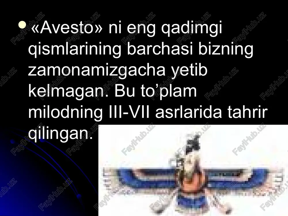 an. zardo'shtiylarning ayrim xudolariga bag'ishlangan madhiyalardir. ular bayram va diniy marosimlarda ijro etilgan. aim.uz yasht ahuramazdaning zolim kuchlarga qarshi kurashda ulug’lovchi 22 ta qo’shiqdan tashkil topgan. 21 bobida yozuvsiz zamonlarga oid qabilalarning tasavvurlari bayon etilgan. unda afsonaviy qahramonlarga va ulug’ xudolarga bag'ishlangan madhiyalar to'plangan. aim.uz avesto haqidagi eng muhim tadqiqotlardan biri “din amallari” asarlarida aytilib o’tilgan. bunda avestoning 21 kitobi mazmuni sharhlab berilgan. eron xalqlarining eng qadimgi mitralari mitra, anaxita, osha va ardvissuralar to’g’risidagi miflarning mazmunlari, sarguzashtlari haqida turli va mattiqiy dostonlar mavjud. aim.uz rizoiy, bahromiy, meriboyslar 1 million she’rning hammasi zardushtning qalamiga mansub deyishsa boshqalari esa, qadimiy ijod mevasi , degan fukrlarini bayon etishgan. aim.uz > fanda uch qismga ajratiladi ular quyidagilar : aim.uz eng tarixiy qismi. mil. avvalgi 3-ming yillik oxirlari va 2-ming yillikda vujudga kelgan yashtlar; ularda sinfiy jamiyatdan ilgarigi qabilaviy e’tiqodlar ,ko’p xudolik tasavvurlari o’z ifodasini topgan. aim.uz bu qismi gotlar deyiladi. unda xudo axura mazda …