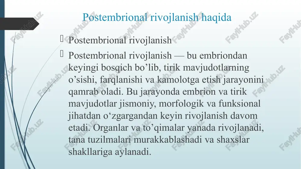 zgarishlar tirik mavjudotlarning atrof-muhitga moslashishi, oziq-ovqat olishi, koʻpayish qobiliyatini rivojlantirish va yashashi uchun zarurdir. bundan tashqari, postembrional rivojlanish jarayonida yuzaga keladigan anormallik yoki tashqi omillar tirik mavjudotlarning sog’lig’iga ta’sir qilishi mumkin. oziqlanish, atrof-muhit omillari, genetik omillar va boshqa atrof-muhit ta’siri postembrional rivojlanishga ta’sir qilishi va odamlarning sog’lig’ining holatini aniqlashi mumkin. akseleratsiya akseleratsiya (lotincha, accelaratio — tezlashish) (biologiyada) — embrion (pusht) rivojlanishining maʼlum bosqichlarida uning ayrim aʼzolari shakllanishining tezlashuvi. bolalar va oʻsmirlar oʻsishi hamda jismoniy rivojlanishining tezlashishi. hozirgi bolalar va oʻsmirlar har bir yoshda ancha oldingi yillardagi tengqurlariga nisbatan boʻychan boʻlib, vazni ogʻirroqdir. bolalar katta boʻlgan sari, bu farq shunchalik seziladi. ularning sut tishlari oldin boʻrtadi, doimiy tishlar bilan tezroq almashinadi, skeletining suyaklanishi ham oldinroq yuz beradi. ogʻir mehnatning kamayishi, umumiy hayot tarzi, maishiygigiyenik shart-sharoitlarning yaxshilanishi, shuningdek yaqin qarindoshlar oʻrtasidagi nikohga yoʻl qoʻymaslik va boshqa akseleratsiyaga olib kelishi mumkin. akseleratsiya faqat bolalar gavda oʻlchamlarining jadal kattalanishida emas, balki ularning dunyoqarashi hamda …