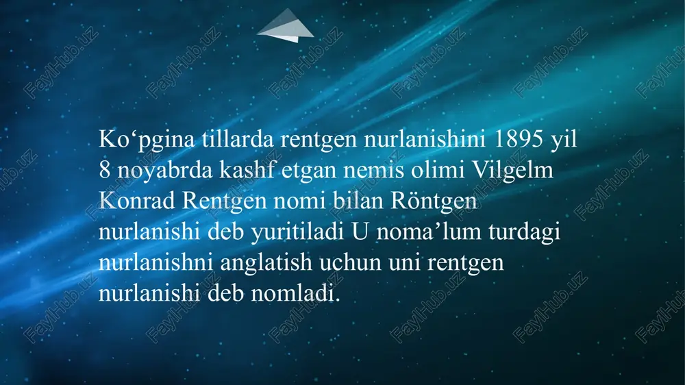 ida rentgen nurlari faqatgina qayd qilinib qolmasdan, ularning intensivligi ham aniqlanadi. lekin bu usul bilan rentgen nurlari intensivligini oʻlchashdagi xatolik ionlash usuli bilan oʻlchashga nisbatan kattadir. ionlash usuli rentgen nurlari taʼsirida moddadan chiqqan elektronlarning gazni ionlashtirishni oʻlchashga asoslangan. bunday ionlashgan gazdan oʻtayotgan tok kuchi (gazda maʼlum potensiallar ayirmasi mavjud boʻlganda) rentgen nurlari intensivligiga toʻgʻri proporsional. xoll-edvards 1904 yilga kelib etarlicha rivojlangan saraton kasalligini (oʻsha paytda rentgen dermatiti deb ataladi) rivojlantirdi, bu unga rentgen nurlarining xavfi haqida qogʻozlar yozishga va ommaviy murojaatlarni berishga majbur qildi. 1908 yilda uning chap qoʻli tirsagidan[25], koʻp oʻtmay oʻng qoʻlida toʻrt barmogʻi kesilishi kerak edi, faqat bosh barmogʻi qoldi. 1926 yilda saraton kasalligidan vafot etdi. uning chap qoʻli birmingem universitetida saqlanadi. e'tiboringiz uchun rahmat image1.png image2.jpeg image3.jpeg image4.jpeg image5.jpeg image6.jpeg image7.jpeg image8.jpeg image9.jpeg image10.jpeg