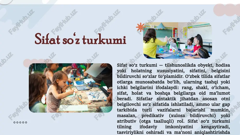 i va ketma-ketligi o‘zbek tilida sifat odatda aniqlanuvchi otning oldidan keladi, bu qat’iy qoidadir: «chiroyli gul», «katta xona». agar bir nechta sifat birikkan bo‘lsa, ularning joylashuvi mantiqiy yoki stilistik jihatdan tartiblanadi; ko‘pincha miqdor yoki aniqlovchi unsur eng oldinda, keyin sifatiy va keyin boshqa belgilash elementlari keladi. masalan, «uch katta qora kitob»da son (uch) birinchi, keyin o‘lcham (katta), so‘ngra rang (qora) va oxirida ot joylashadi. biroq bu ketma-ketlik qat’iy grammatika qoidasi emas, balki til ichidagi odat va idiomatiklikka bog‘liq bo‘ladi. sifatning ma’nosini kuchaytirish yoki yengillashtirish uchun tilimizda intensivatorlar va modifikatorlar ishlatiladi: «juda», «nihoyatda», «biroz», «mavhum». masalan, «juda go‘zal», «nihoyatda qizil», «biroz kichik» kabi birikmalar sifat ma’nosini gradatsiyalashga imkon beradi. sifat frazalari bir nechta elementdan tashkil topib, sifatning asosiy so‘zini aniqlaydi va uning ma’nosini o‘zgartiradi. bunday frazalar stilistik jihatdan ham muhim bo‘lib, gapni ifodaviyroq, emotsional yoki neytral qilish imkonini beradi. sifat frazalari va intensivatorlar sifatlarda daraja kategoriyalari — sifatning belgi (xususiyat) qanchalik …