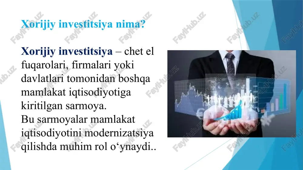 o‘sishni ta’minlaydi. bevosita va portfel investitsiyalar bir-birini to‘ldiradi. e’tiboringiz uchun rahmat image1.jpeg image2.png image3.png image4.jpeg image5.png image6.png image7.png image8.png image9.png image10.png image11.png image12.png /docprops/thumbnail.jpeg