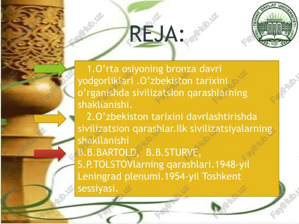 t va fuqorolik jamiyatini qurish davri pofessor b.j.eshov o’zbekiston tarixini davrlashtirishda 2011-yildagi tadqiqotlarining birida aynan bu masalaga alohida to’xtalib o’tib quyidagi davrlashtirishni taklif etdi. 1.o’zbekiston eng qadimgi davri 2.ilk davlatchilikka o’tish va davlatchlikning rivojlanish davri 3.o’zbekiston tarixining o’rta asrlar davri 4.o’zbekistonda chorizm mustamlakachiligi va sovetlar hukmronligi davri 5.o’zbekistonning mustaqillik va milliy istiqlol davri xulosa qilib aytadigan bo’lsak ushbu davrlashtirishni eng mukammal degan fikrdan yiroqmiz.maqbul bo’lmagan davrlashtirishlar ham fikr g’oya sifatida fanda turishga haqqi bor ammo o’zbekiston tarixini davrlashtirish bo’yicha nazariyotchi tarixchilar guruhini shakllantirish va bu masalani hal etish hozirgi kun tarix fanining eng dolzarb masalasidan biri ekanligi takidlab o’tish lozim. e’tiboringiz uchun rahmat!!! image1.png image2.jpeg image3.png image4.jpeg image5.jpeg image6.png image7.jpeg image8.png image9.png image10.jpeg image11.png image12.png image13.jpeg image14.png /docprops/thumbnail.jpeg