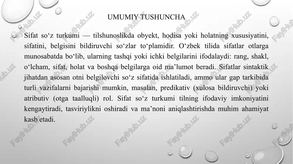 ildiruvchi infleksiyalarni olmaydi. shuningdek, sifatlarga birikuvchilar (masalan, ustama va bog‘lovchi qo‘shimchalar) qo‘shilib, yangi ma’nolar hosil qilishi mumkin; bu tilning morfologik resursini boyitadi. morfologik tahlil sifatlarning hosil bo‘lish mexanizmini, ular bilan bog‘liq affikslarni va so‘z yasovchi elementlarni aniqlashga yordam beradi. sifat yasovchi qo‘shimchalar o‘zbek tilida sifatlar ko‘pincha maxsus qo‘shimchalar yordamida hosil qilinadi. masalan, -li qo‘shimchasi mavjudlik yoki mansubiyatni bildiruvchi nisbiy sifatlar hosil qiladi: «mevali», «tolali»; -siz qo‘shimchasi yo‘qlikni bildiradi: «shaklsiz», «suvsiz»; -dor esa ega bo‘lishni ko‘rsatishi mumkin: «saxovatdor». shuningdek, -chan, -dor kabi ustamalar ham sifat ma’nosini kuchaytiradi yoki o‘zgartiradi. bu qo‘shimchalar orqali otlardan sifatlarga o‘tish, sifatiy yoki nisbiy ma’nolarni kengaytirish amaliy jihatdan keng qo‘llaniladi va lug‘at boyligini oshiradi. sifatning sintaktik vazifalari sifat so‘zning sintaktik vazifalari asosan ikki asosiy yo‘nalishda ko‘rinadi: atributiv vazifa (otni aniqlash) va predikativ vazifa (boshqa gap a’zosi sifatida ishlash). atributiv sifat nomiy birikmada ot oldida kelib, uning belgisini aniqlaydi: «yangi kitob». predikativ sifat esa boshqaruvchi bo‘lmagan shaklda gapda …
