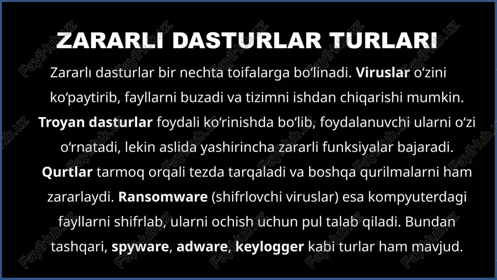 i. to‘g‘ri internet madaniyati, ishonchli manbalardan foydalanish va xavfsizlik qoidalariga amal qilish orqali zararli dasturlarni deyarli to‘liq oldini olish mumkin. texnologiyadan to‘g‘ri foydalanish bizni ma’lumot yo‘qotishdan va moliyaviy zararlaridan himoya qiladi. /docprops/thumbnail.jpeg