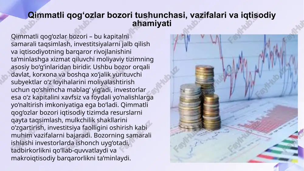 rni emissiya qiluvchi tashkilotlardir. ular aksiyalar va obligatsiyalar chiqarish orqali investitsiya jalb qiladi. investorlar esa jismoniy yoki yuridik shaxslar bo‘lib, o‘z kapitalini foyda olish maqsadida qimmatli qog‘ozlarga yo‘naltiradi. brokerlar mijozlar nomidan savdo qiladi, dilerlar esa o‘z nomidan qimmatli qog‘ozlar bilan operatsiyalar olib boradi. investitsiya fondlari kichik investorlarning mablag‘larini birlashtiradi va professional boshqaruv asosida investitsiya portfeli shakllantiradi. qimmatli qog‘ozlar bozori turli moliyaviy instrumentlardan iborat. ularga aksiyalar, obligatsiyalar, davlat qimmatli qog‘ozlari, depozit sertifikatlari, veksellar, subordinatsiyalangan qimmatli qog‘ozlar va hosilaviy instrumentlar kiradi. aksiyalar – kompaniya ustidan mulk huquqini bildiradi va investor dividend oladi. obligatsiyalar esa qarz majburiyatidir va emitent ma’lum muddatdan so‘ng asosiy qarzni qaytarishi shart. so‘nggi yillarda derivativlar – fyuchers, opsion va forwardlar ham keng qo‘llanilmoqda. ular risklarni boshqarish, narx o‘zgarishidan himoyalanish yoki spekulyativ operatsiyalar uchun ishlatiladi. instrumentlar xilma-xilligi investorlar portfelini diversifikatsiya qilish imkonini kengaytiradi. qimmatli qog‘ozlar bozorining rivojlanish tendensiyalari, muammolari va tahlili qimmatli qog‘ozlar bozorida amalga oshiriladigan operatsiyalar murakkab va ko‘p …