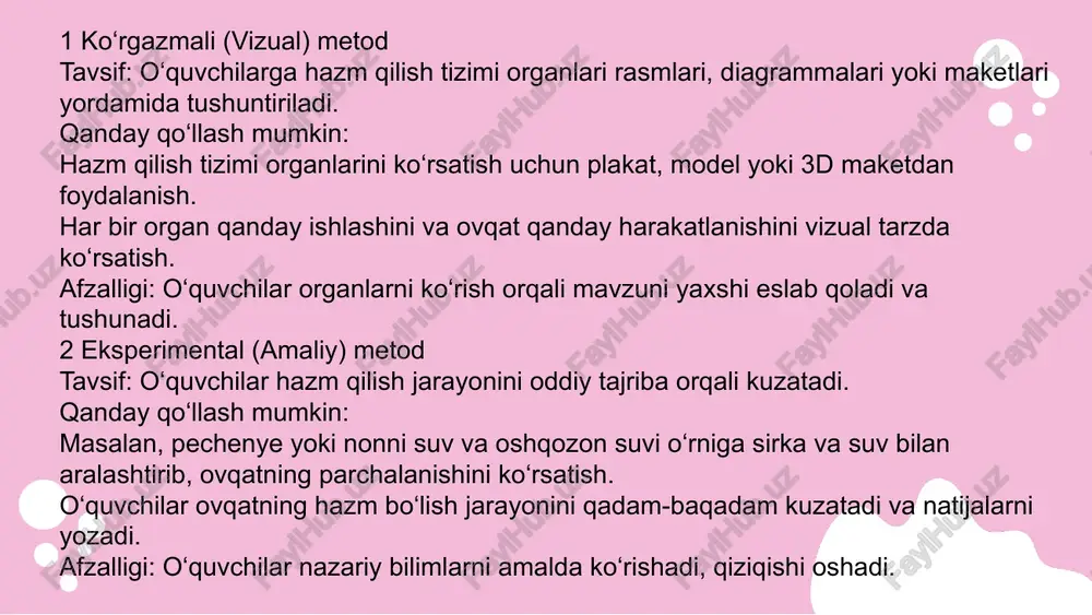 a fermentlar ishlab chiqariladi, oziqni parchalaydi. oziq-ovqatning qayta ishlanishi oshqozonda oziq-ovqat mexanik va kimyoviy ta'sirda bo'ladi, uni tayyorlaydi. oshqozonning roli oshqozon oziq-ovqatni qabul qilish, saqlash va qayta ishlashda muhim rol o'ynaydi. hazm jarayonining jihatlari suyuqliklar tarkibi va miqdori oziq-ovqat turiga va faoliyatga bog'liq. ichaklarda hazm qilish jarayoni ichaklarda hazm qilish oziq-ovqatning hazm qilinishi, nutrientlarning so‘rilishi va mikroflora rolini o‘z ichiga oladi. villi va mikrovilli oziq-ovqatdan ozuqa moddalarini ajratib, sog‘liq uchun muhim funktsiyalarni bajaradi. bu jarayonlar hazm qilish uchun asosiydir. 1 organlarni aniqlash va tartib bilan joylashtirish topshiriq: hazm qilish tizimi organlarini (og‘iz, oshqozon, ichak va hokazo) rasmga qarab aniqlang. ularni ovqat hazm bo‘lish tartibida to‘g‘ri ketma-ketlikda yozing. ma’qsad: o‘quvchilar hazm qilish tizimi organlarini va ularning funksiyasini eslab qoladi. 2 oddiy tajriba orqali kuzatish topshiriq: stakanga suv va sirka qo‘shib, ichiga kichik non bo‘lagini soling. ovqat qanday parchalanishini va suv bilan aralashganidan keyin o‘zgarishini kuzating. natijalarni qisqacha yozing. ma’qsad: o‘quvchilar hazm …