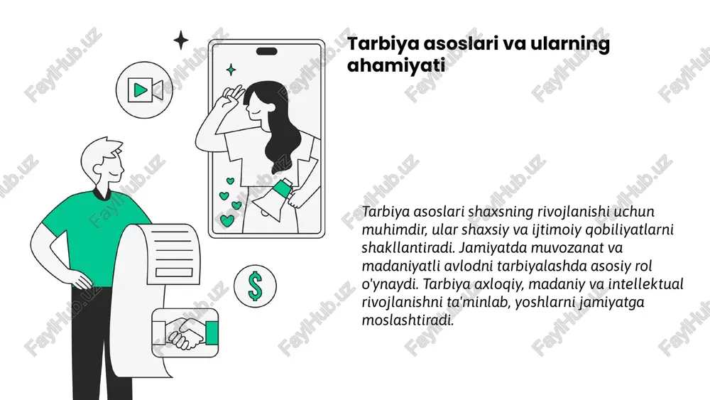 ish markazi. 4. yusufjonov, m. (2021). raqamli davrda oilada tarbiya: yangi imkoniyatlar va muammolar. o‘zbekiston internet va ta’lim jurnal, 5(2), 45-58. 5. abdullayev, s. (2017). oila va jamiyatda axloqiy qadriyatlar va tarbiya. toshkent: o‘zbekiston milliy universiteti nashriyoti. e'tiboringiz uchun rahmat! image1.png image2.png image3.png image4.png image5.png image6.png image15.png image16.png image17.png image19.jpg image20.jpg image18.png