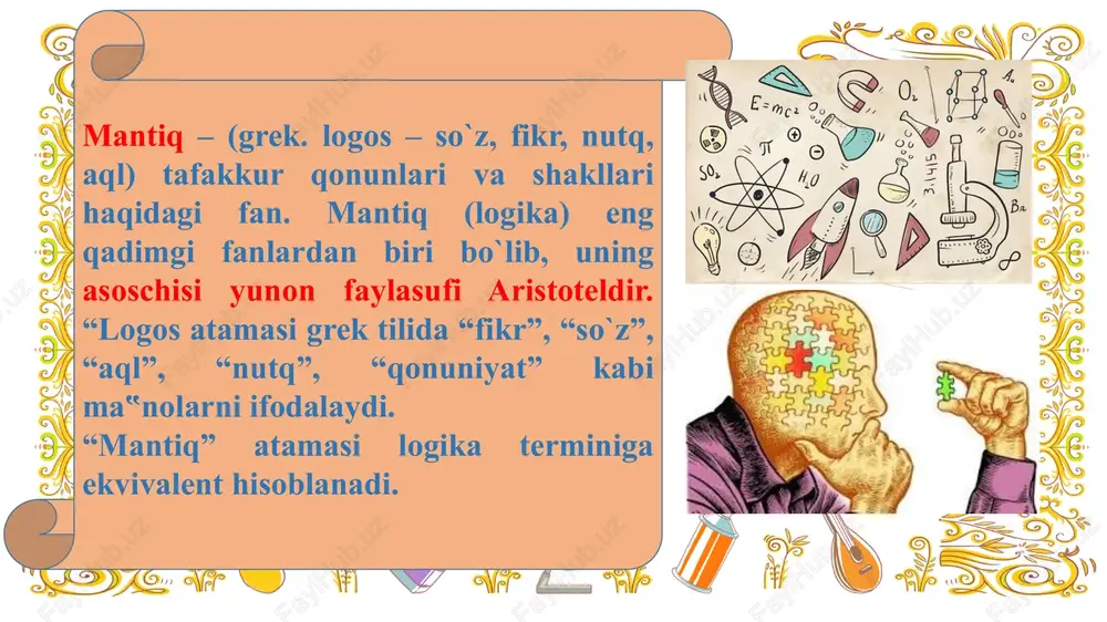 falarni hal qilishda yordam beradi: tushunchalarni mantiqiy ta’riflash jarayoni bilimni tizimli tarzda shakllantirishga xizmat qiladi. aniqlanuvchi va aniqlovchi qismlar orqali tushuncha o‘zining mohiyatini to‘liq ifodalaydi, muhim belgilari ajratib ko‘rsatiladi va ilmiy fikrlash jarayoni aniqlik kasb etadi. shu bilan birga, mantiqiy ta’rif orqali yangi tushunchalar yaratilishi va mavjud tushunchalar mukammal tahlil qilinishi mumkin.bundan tashqari, mantiqiy ta’rif predmetlar orasidagi qamrov va ierarxiyani aniqlashga ham yordam beradi. misol uchun, biror umumiy tushunchaning ta’rifini aniqlash orqali uning turli turlarini va alohida hodisalarni qamrab oluvchi belgilari aniqlanadi. shu tarzda, mantiqiy ta’rif ilmiy izlanishlarda tushunchalarning aniqligi va ilmiy barqarorligini ta’minlaydi. tushunchalarni ta`riflash ma`lum qoidalarga rioya qilishni talab etadi. ular quyidagilardan iborat: a) ta`rif teng hajmli bo`lishi kerak, ya`ni aniqlanuvchi tushuncha hajmi bilan aniqlovchi tushunchalar hajmlari yig`indisi teng bo`lishi kerak; d) ta`rif aylana shaklida bo`lib qolmasligi kerak b) ta`rif aniq bo„lishi kerak; tushuncha — predmetlarning umumiy va muhim belgilari asosida shakllangan mantiqiy shakldir. u predmetning mohiyatini ochib …
