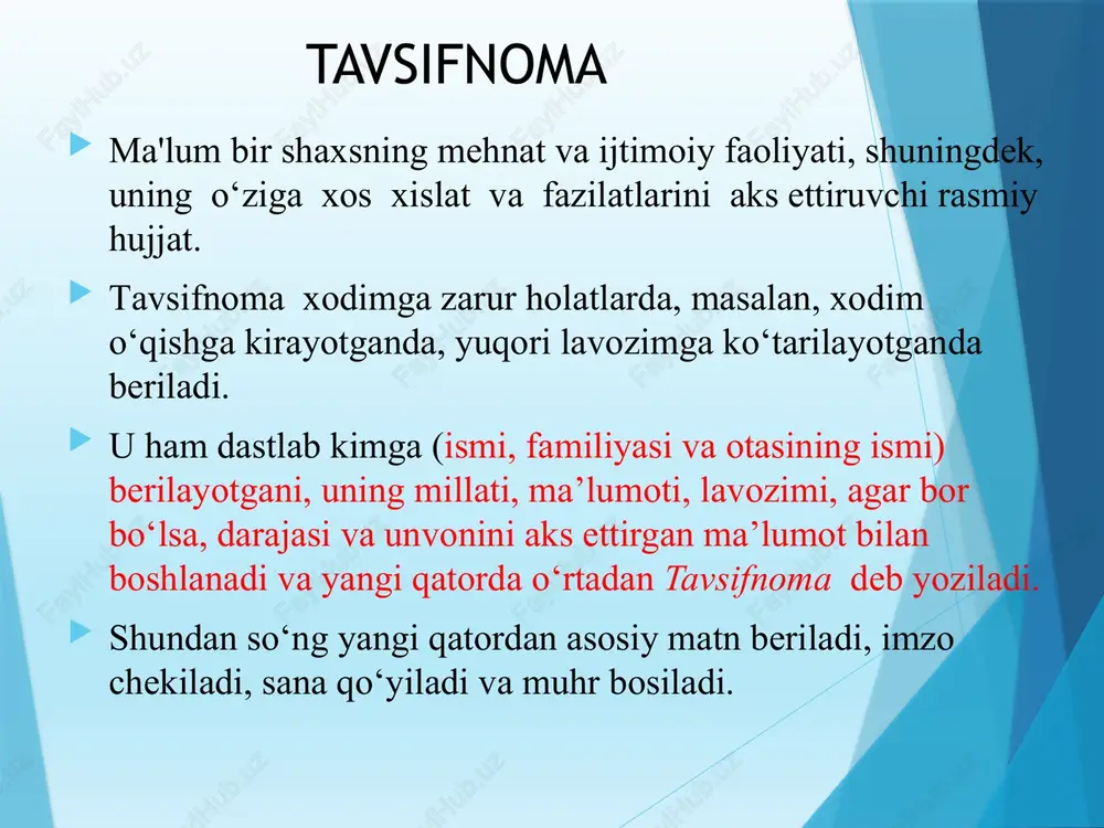 joyi ham aniq yoziladi. ota-onalar haqida qisqacha ma’lumot beriladi. shundan so‘ng qayerlarda, nima ishlar qilinganligi to‘g‘risida batafsil, yilma-yil yoziladi, oilaviy ahvoli va turar joyi haqida ma’lumot beriladi. oxirida yozilgan sana ko‘rsatilib, imzo chekiladi. tarjimayi holning asosiy zaruriy qismlari: 1. hujjatning nomi (tarjimayi hol). 2. matn: a) muallif familiyasi, ismi va otaismi; b) tug'ilgan yil, kun, oy va tug'ilgan joyi; v) millati, ijtimoiy kelib chiqishi; g) ota­onasi haqida qisqacha ma'lumot (familiyasi, ismi va otaismi, ish joyi); d) ma'lumoti (qaerda, qanday o‘quv yurtini tugatganligi va ma'lumotiga ko‘ra mutaxassisligi); y) ish faoliyatining turlari; z) oxirgi ish joyi va lavozimi; j) mukofot va rag'batlantirishlar; z) jamoat ishlaridagi ishtiroki; i) oilaviy ahvoli va oila a'zolari; u) pasport ma'lumotlari; k) turarjoyi (uy manzili), telefoni. 3. sana. 4. imzo. tarjimayi hol quyidagi zaruriy qismlar asosida yoziladi: 1. hujjatning nomi (tarjimayi hol) 2. tarjimayi hol matni ("men" olmoshi bilan boshlanadi). uning tarkibida quyidagilar qayd etiladi: a) familiya, ism …