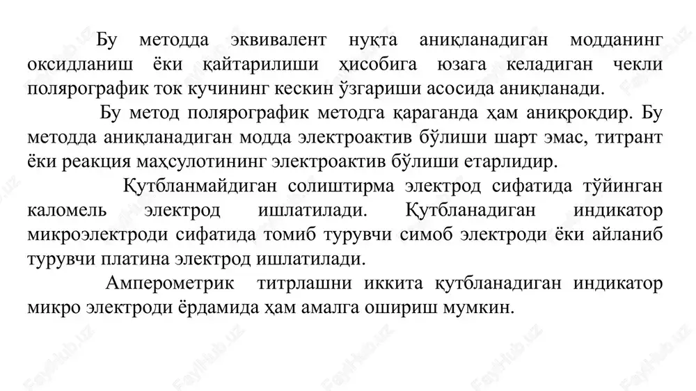 sining qaysi bir komponenti-aniqlanuvchi modda, titrant yoki reaksiya maxsuloti ishtirok etishiga qarab o’zgaradi. amperometrik titrlash usulida kimyoviy reaksiyalarning uch turidan: 1)cho’ktirish reaksiyalari 2)oksidimetrik reaksiyalari va 3)kompleksonometrik reaksiyalardan foydalanish mumkin. amperometrik titrlashda sodir bo’ladigan reaksiyalar tezligi va to’liq borishi jixatidan titrimetrik usullarda reaksiyalarga qo’yiladigan talablarga javob bera olishi zarur. ci-,br-,j-,so42-,co32-,mno4- va b. ko’pchilik anionlar potensial qiymati –0,4 b bo’lganda qo’rg’oshin tuzi bilan titrlanadi, bunda tomuvchi simob elektrodda pb2+ ionlar qaytariladi. ferrosianid [fe(cn)6]-4 ionining aylanuvchi platina elektrodda 0,7…1,0 b da oksidlanishidan zn2+,cu2+,pb2+,ca2+ va b. kationlarni amperometrik titrlashda foydalaniladi. amperometrik titrlash usullarida, ko’pincha, organik reagentlar ta’sirida cho’ktirishdan foydalaniladi. bunday reagentlar sifatida 8- oksixinolin, kupferon, dimetilglioksimlar ishlatiladi, titrlashni kationning kaytarilish toki yoki organik reagent toki bo’yicha olib borilishi mumkin. amperometrik titrlashni titrimetriya talablariga javob beruvchi kimyoviy reaksiya yordamida o’tkazilganda eritmadagi polyarografik faol komponentning eritma xajmidagi miqdori reaksiya davomida o’zgaradi. volt-amper egri chiziqlari bilan chegara tokining polyarografik faol titrant xajmiga bog’liqlik egri chizig’i orasidagi bog’lanish …