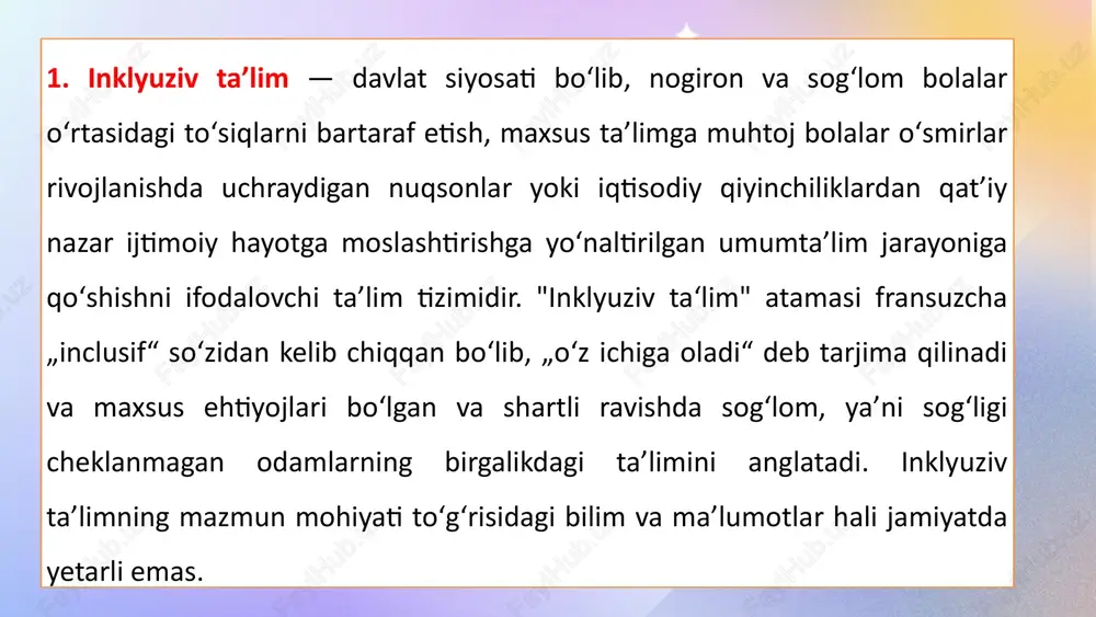 ar shuningdek tegishli kadrlar bilan ta’minlash alohida ta’lim ehtiyojlari boʻlgan bolalarning moslashishi va integratsiyasi uchun maktab-internatlarni bosqichma-bosqich maxsus jihozlar bilan ta’minlash va boshqalar qaror bilan umumiy oʻrta ta’lim tashkilotlarida alohida ta’lim ehtiyojlari boʻlgan bolalarga inklyuziv ta’limni tashkil etish tartibi toʻgʻrisidagi nizom tasdiqlandi. unda quyidagilar belgilandi inklyuziv ta’limning maqsadi va vazifalari alohida ta’lim ehtiyojlari boʻlgan bolalar uchun maktablarda inklyuziv ta’lim va boshlangʻich tayanch korreksion sinflar faoliyatini yoʻlga qoʻyish hamda oʻquv-tarbiya jarayonini tashkil etish tartibi oʻquvchilarni inklyuziv ta’lim sinflariga va boshlangʻich tayanch korreksion sinflarga qabul qilish tartibi inklyuziv ta’lim sinflari va boshlangʻich tayanch korreksion sinflarda ta’lim sifatini nazorat qilish va boshqarish chora-tadbirlari. shuningdek quyidagilar tasdiqlandi: jismoniy, aqliy, sensor yoki ruhiy nuqsonlari boʻlgan bolalar uchun davlat ixtisoslashtirilgan ta’lim muassasalari toʻgʻrisidagi nizom; sanatoriy turidagi ixtisoslashtirilgan davlat ta’lim muassasalari toʻgʻrisidagi nizom; jismoniy, aqliy, sensor yoki ruhiy nuqsonlari boʻlgan, shuningdek, uzoq vaqt davolanishga muhtoj boʻlgan bolalarga uyda yakka tartibda ta’lim berish tartibi toʻgʻrisidagi nizom. 2. o'zbekistonda …